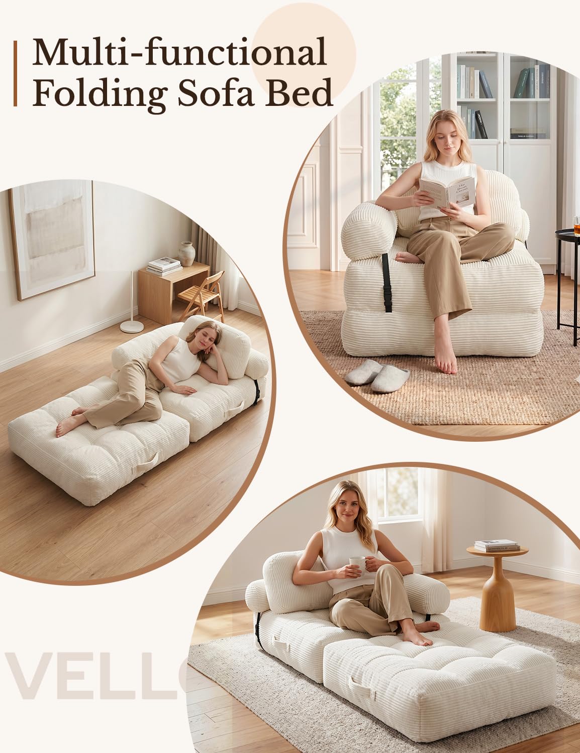 Vellorise Folding Sofa Bed, L-Shaped Couch Back Support and Arm Pillow Futon, Convertible Sofa Bed for Living Room/Guest Use/Home Office, Boneless Foldable Couch for Adults, White