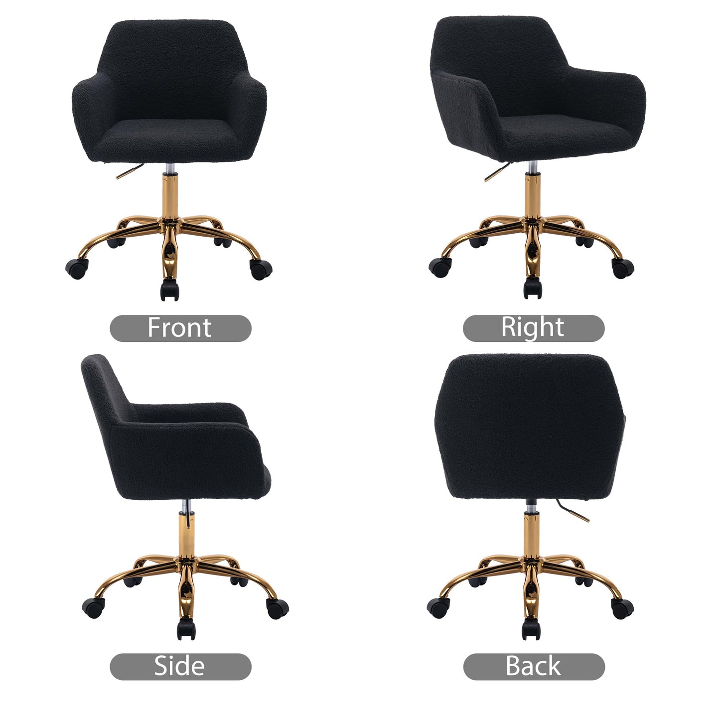 KCC Faux Fur Office Desk Chair, Comfy Swivel Armchair with Wheels, Upholstered Fuzzy Vanity Chair, Adjustable Seat Height, Black