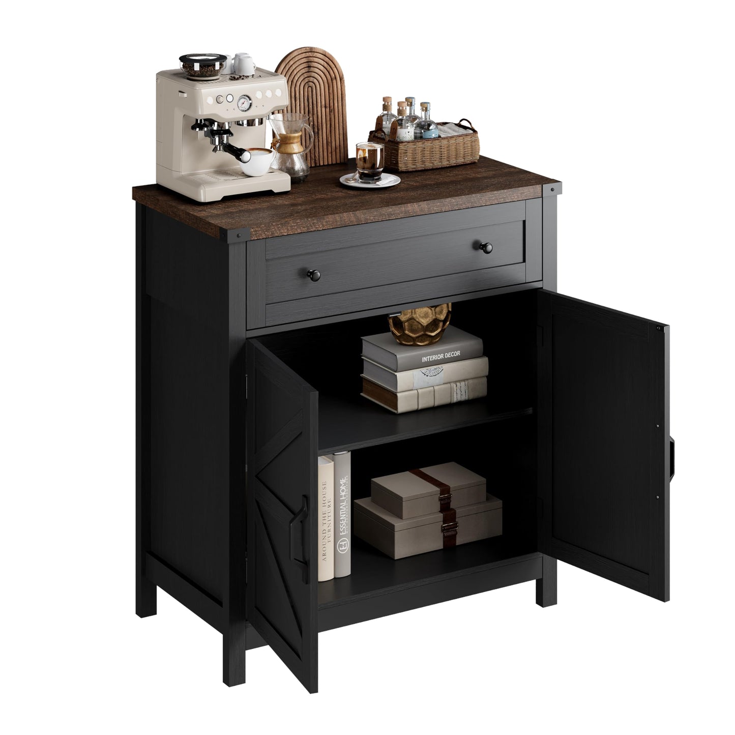 ChooChoo Kitchen Storage Cabinet, Coffee Bar Cabinet, Farmhouse Buffet Sideboard with Drawer for Kitchen, Living Room, Black