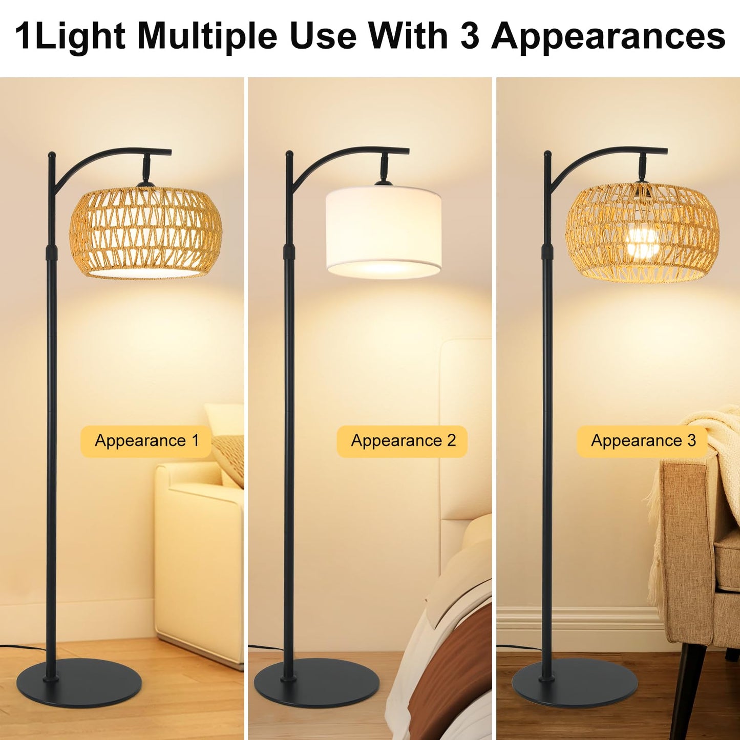 DRAWNCAT Boho Rattan Floor Lamp with Shade – 12W Bright Dimmable LED Bulb, Remote Control 3 Color Temperatures, Modern Farmhouse Handwoven Arc Standing Light for Living Room Bedroom