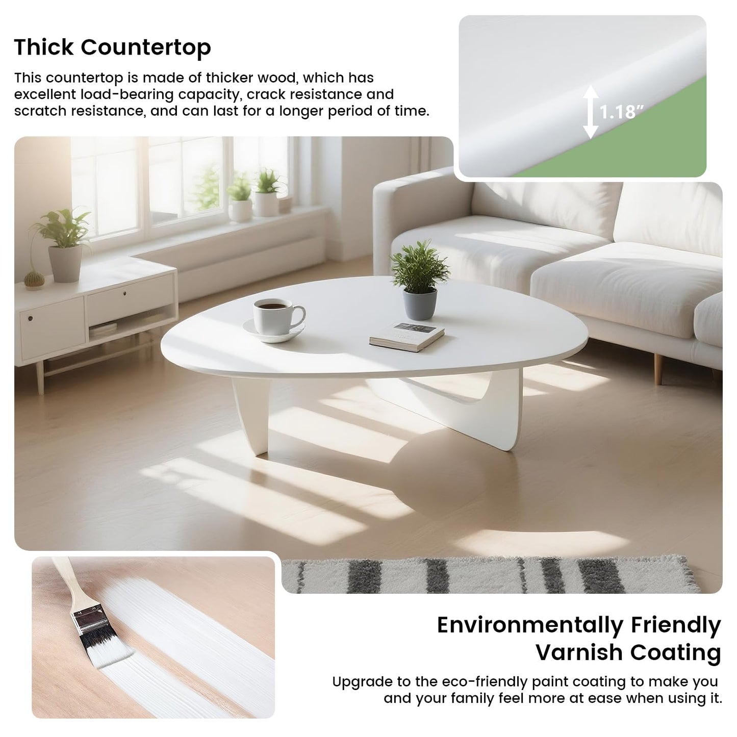 Solid Wood Triangle Coffee Table,Unique Mid Century Modern Oval Coffee Table,Irregular Geometric Tea Tables for Home Living Room with Wooden Tabletop and Reinforced Legs White 43" L x 31" W x 16" H