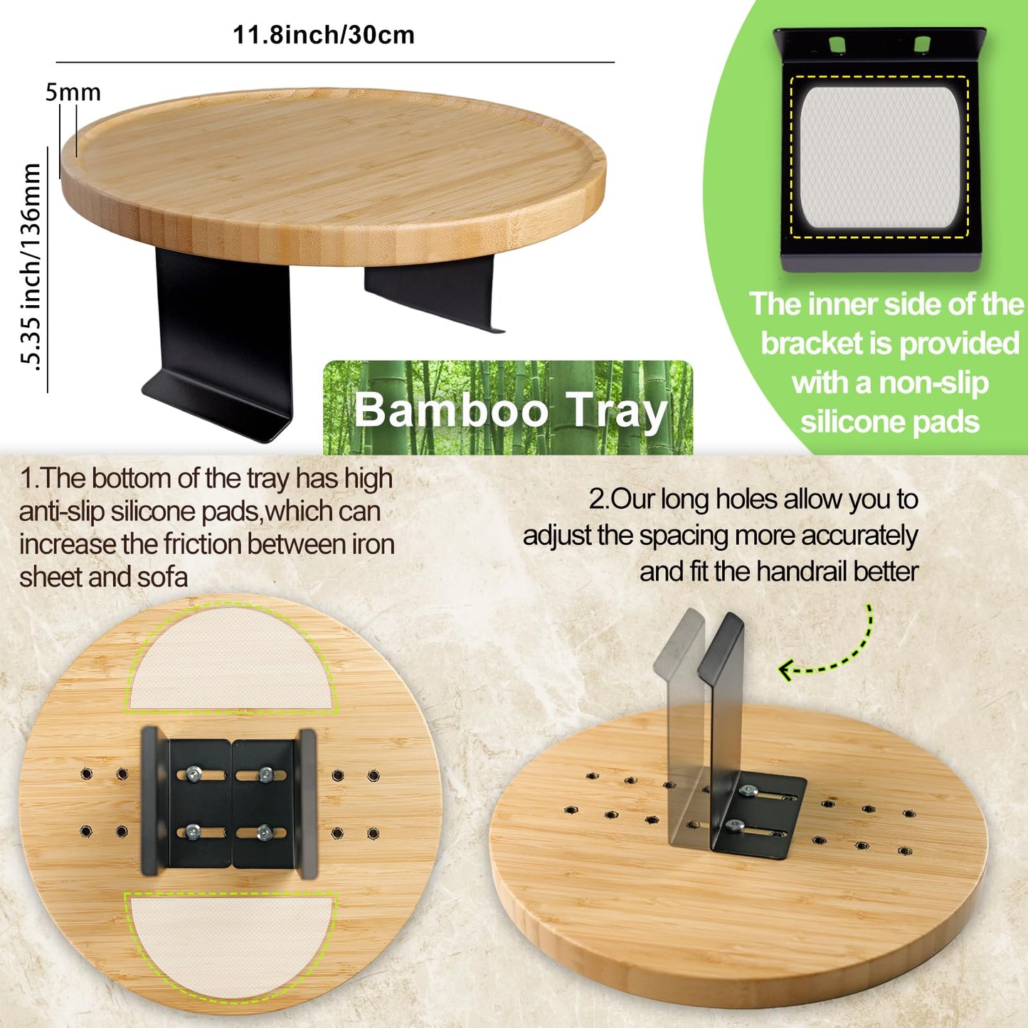 Semjar Bamboo Couch Arm Tray,12'' Space Adjustable Sofa Arm Table,Round Chair Arm Table Sofa Armrest Tray for Thin & Wide Couches Arm,Snack Armchair Couch Caddy