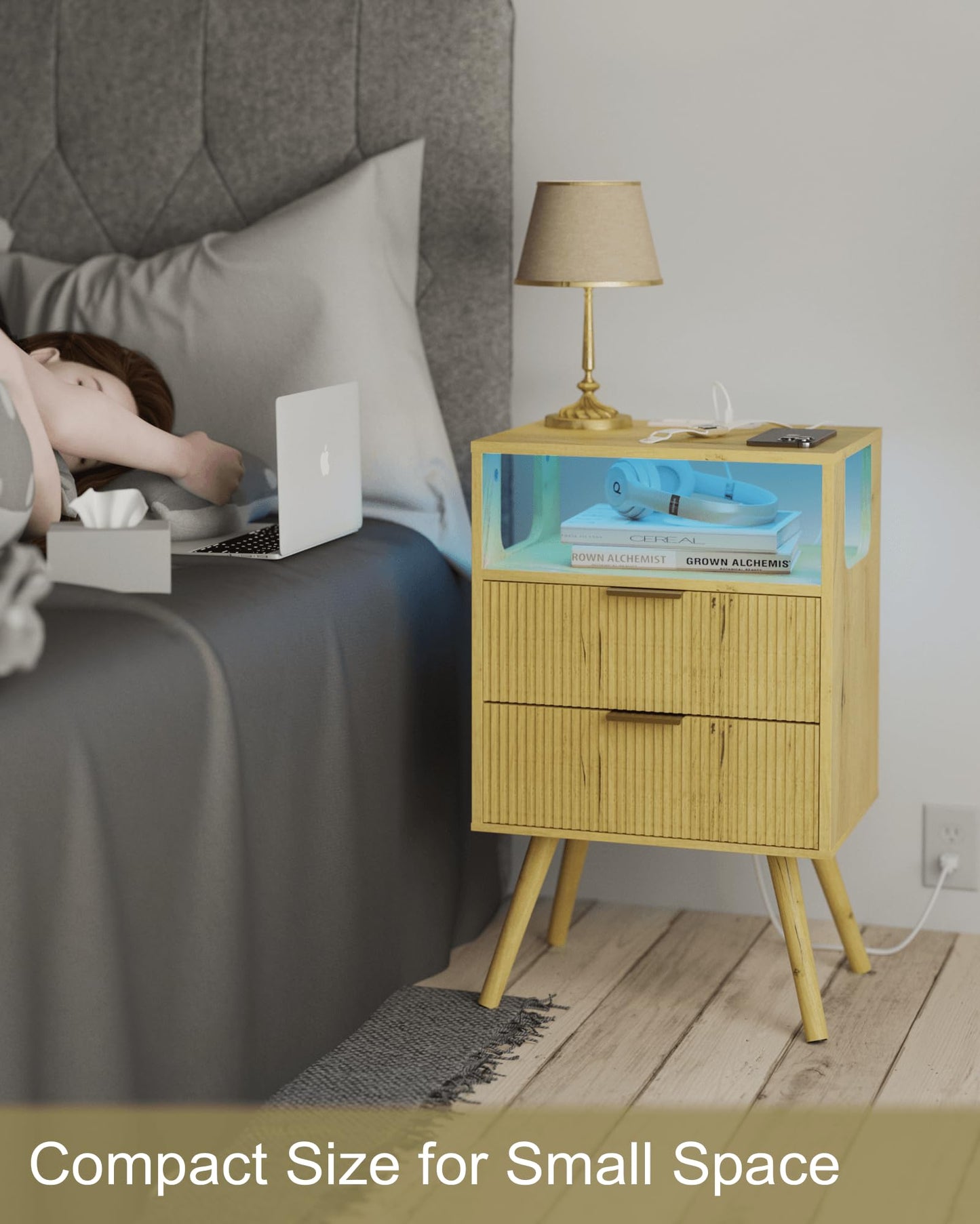 JOONEE Nightstand with Charging Station and LED Lights,Modern Bedside Table with 2 Storage Drawer and Open Wood Shelf, for Bedroom and Small Spaces,Night Stand with Solid Wood Legs (Yellow Oak)