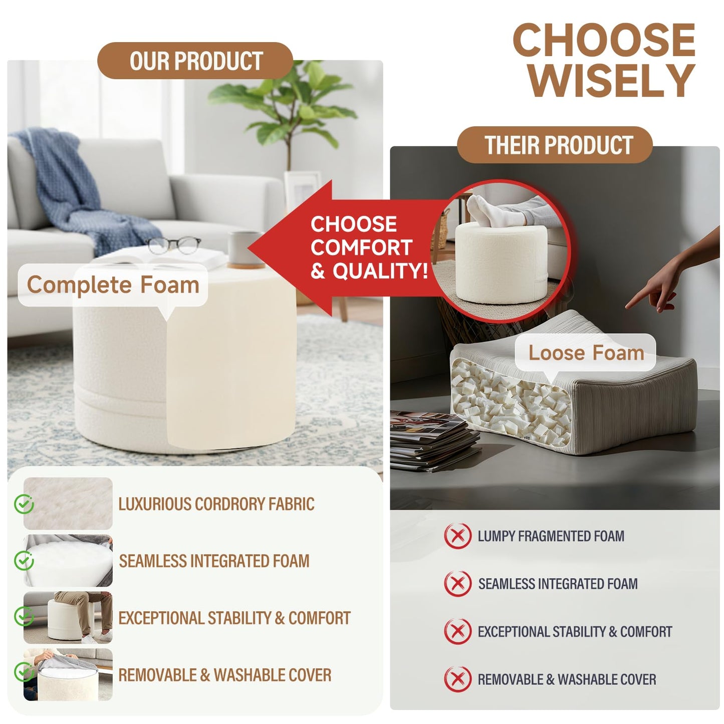 Tiita Round Stuffed Pouf Ottoman, Plush Poufs with Foam Chunk Filling, Foot Rest Stool for Living Room, Cream