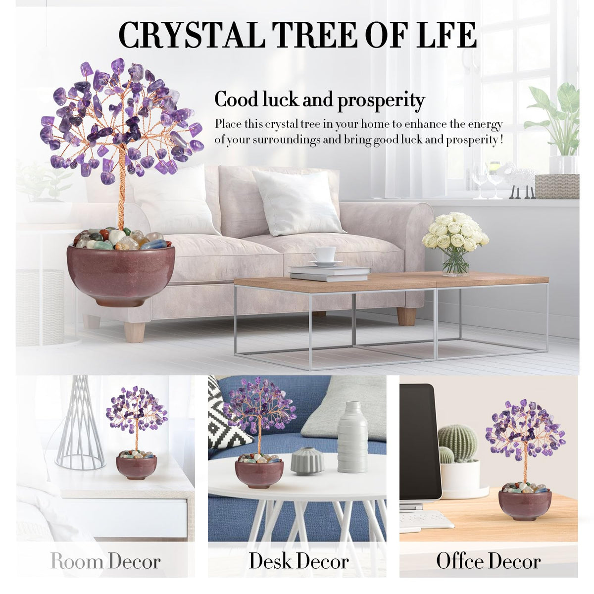 Amethyst Crystal Tree with Ceramic Base,Natural Gemstone Feng Shui Money Tree for Wealth,Good Luck & Positive Energy,Handmade 5 Inch Healing Abundance Bonsai for Home Office Decor