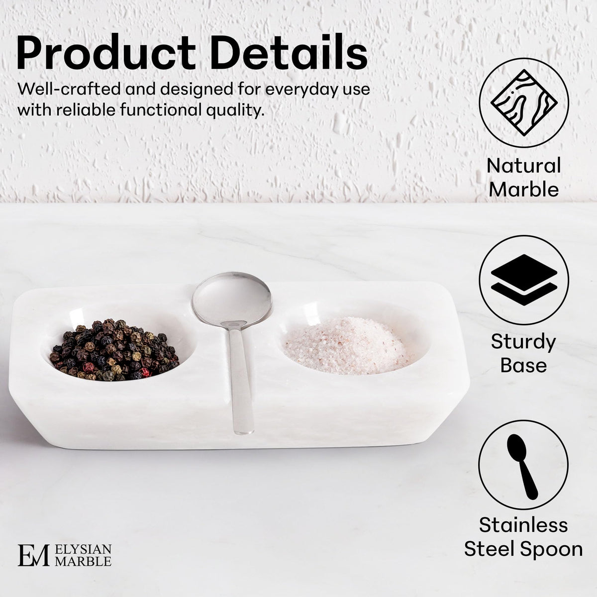 Marble Salt and Pepper Dish with Spoon, Handcrafted Double Spice Tray with 2 Compartments, Natural Stone Condiment Dish for Cooking Prep and Serving - White