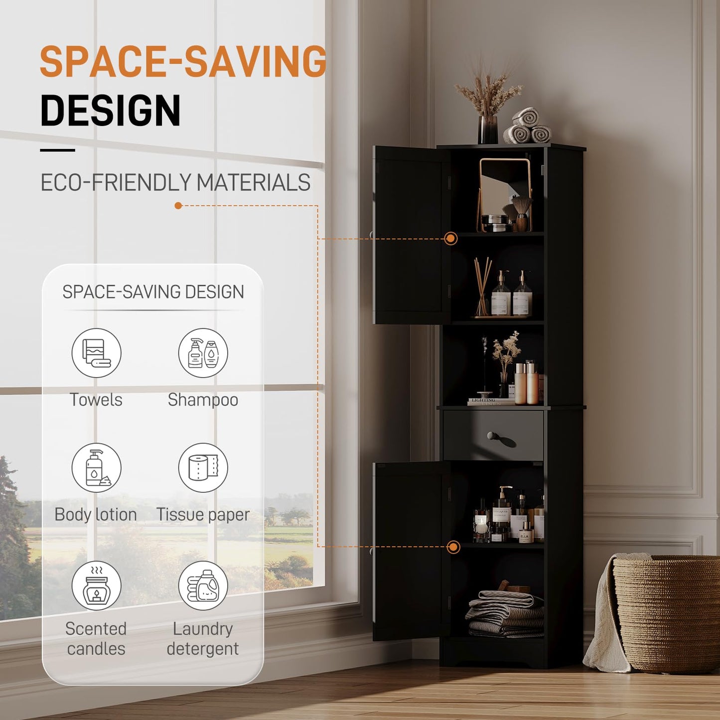 Viaozutis Tall Bathroom Cabinet, Storage Cabinet with 2 Doors & 2Drawer, with Ajustable Shelve, for Bathrooms, Kitchens,Entrances（Black）