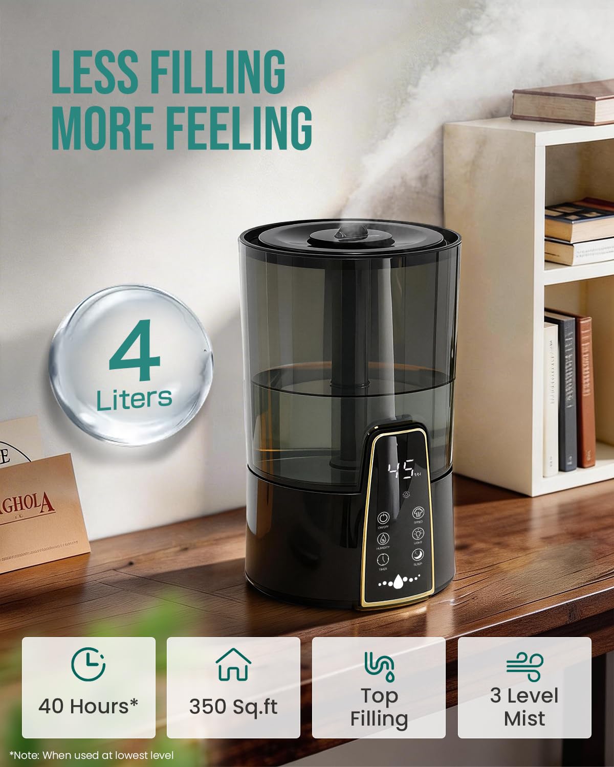 YOKEKON Humidifiers for Bedroom,1.06Gal(4L) Dishwasher Safe Design Easy to Clean,Top Fill,Night Light,Aroma Diffuser,Humidity Control,12H Timer,Sleep Mode,3 Level Mist,360° Nozzle,Home,Nursery,Black