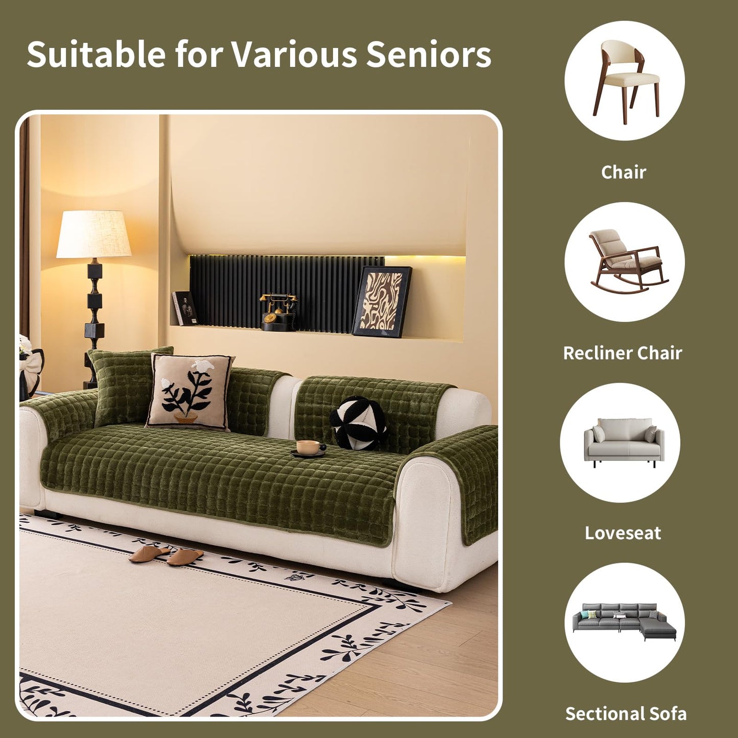 MDSASFD Velvet Couch Cover, Washable Sectional Sofa Cover, Anti Slip Sofa Slipcover for 3 Cushion Couch Sofa L Shaped Armrest Backrest, Furniture Protector Covers for Pets Kids(1PC,Green,36"×36")
