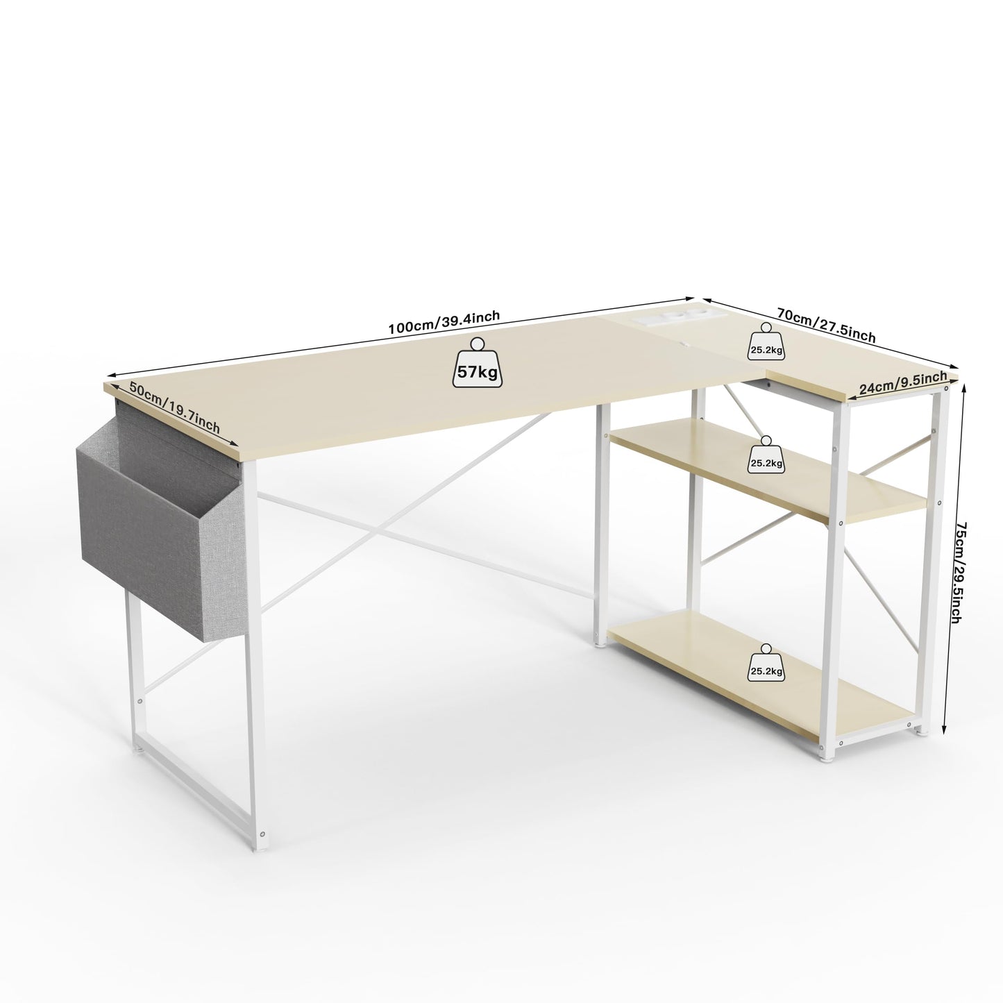 TIQLAB Small Computer Desk with Power Outlets, 40 Inch L Shaped Desk with Reversible Shelves, Gaming Desk Corner Desk Study Writing Table for Home Office Bedroom Living Room, Beige