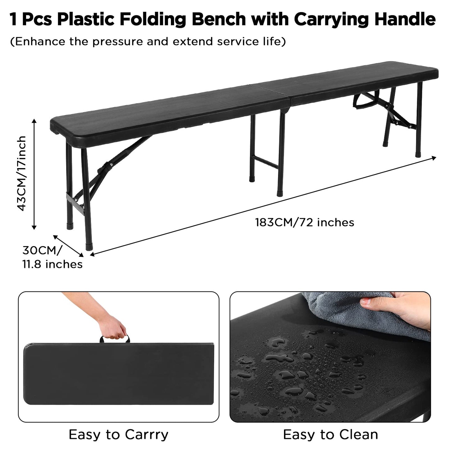 Roowest Black Folding Bench 6 Feet Plastic Outdoor Portable Foldable Bench Seat Eating with Carrying Handle for Dining Camping Picnic BBQ Sports Garden Indoor Outdoor Patio Activities
