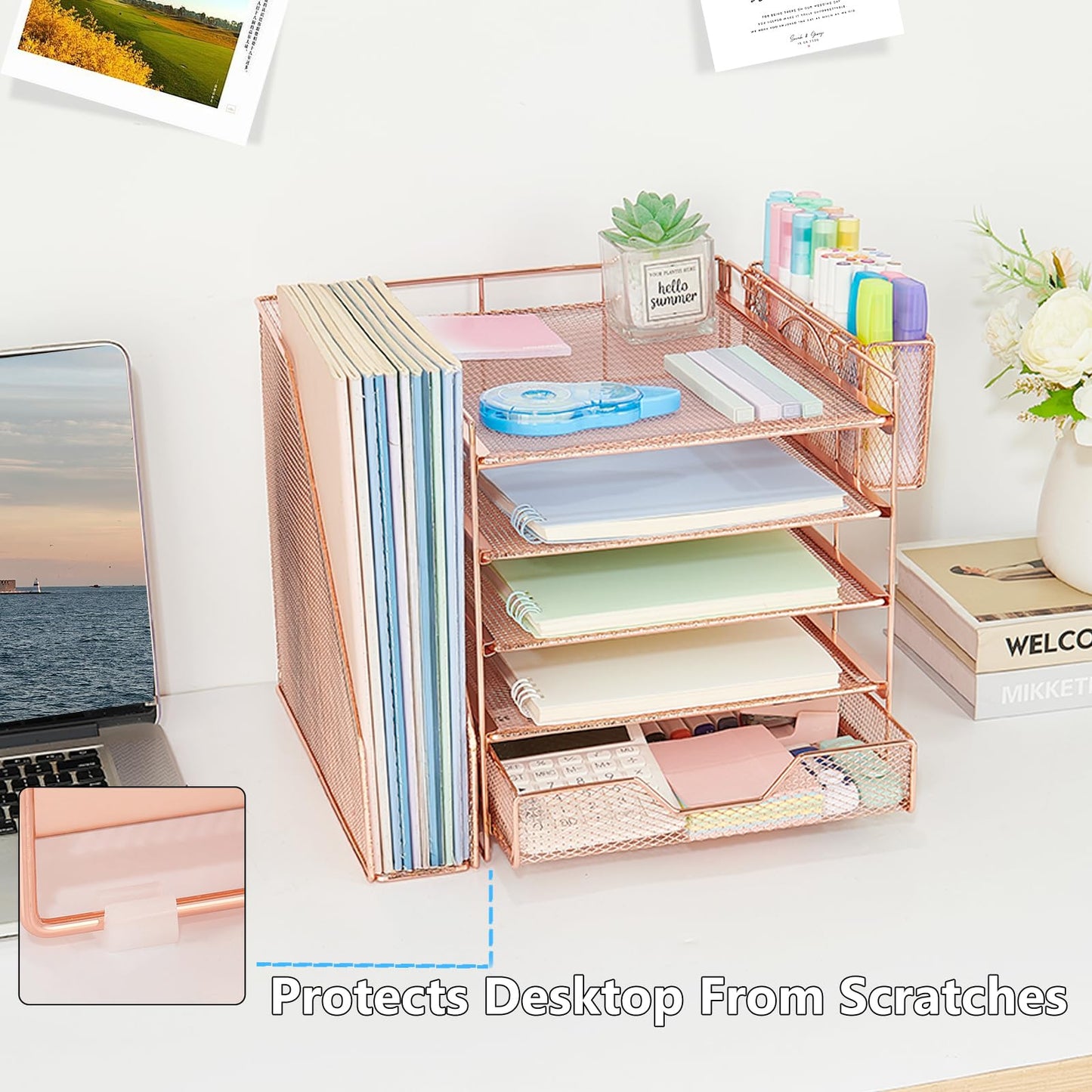Gugsey Desk Organizers and Accessories, 5-Tier Paper Letter Tray Organizer with File Holder, Drawer & Pen Holder, Office Desk Accessories, Desktop Organizer for Classroom Office Supplies, Rose Gold