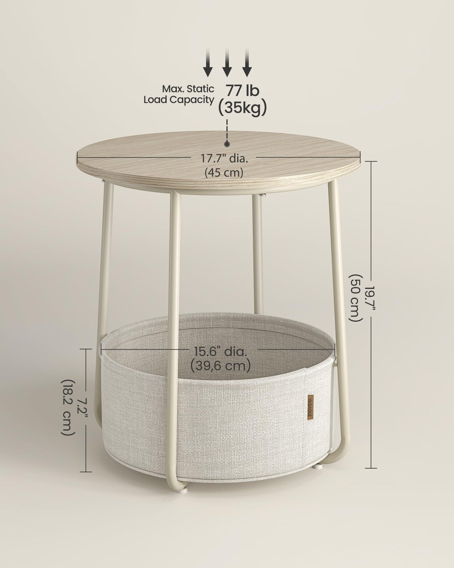 VASAGLE LILEA Collection - Small Round Side End Table, Modern Nightstand with Fabric Basket, Cream White ULET223K67