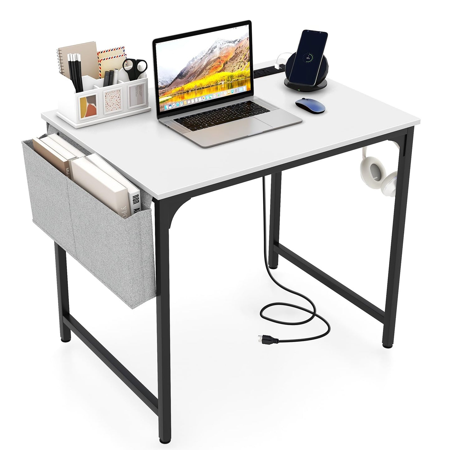 Giantex 32 Inch Computer Desk with Charging Station, Home Office Writing Desk with Storage Bag & Headphone Hook, Compact Gaming Table PC Workstation, Modern Simple Laptop Desk for Bedroom, Study