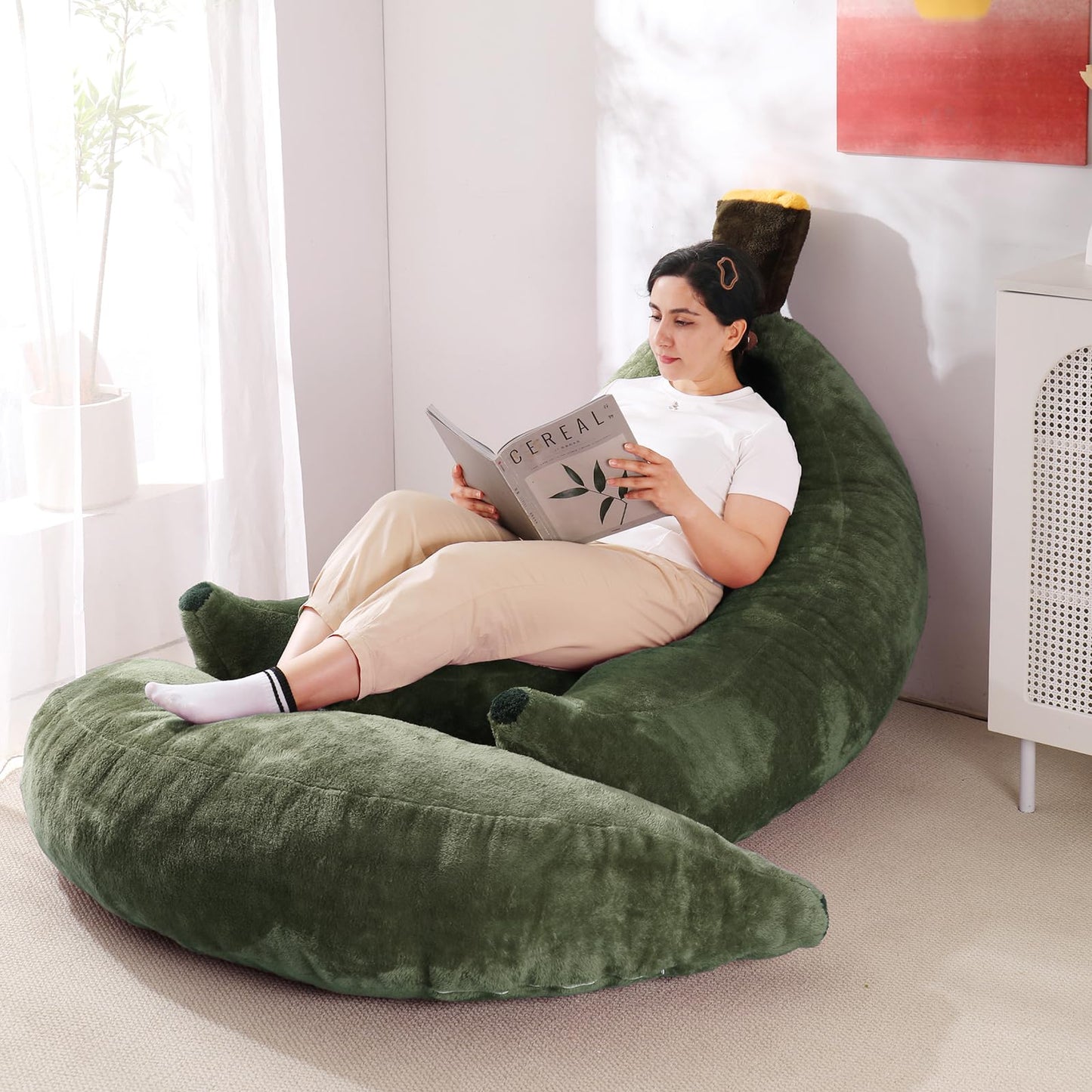 IEVENW Banana Bean Bag Chair with Ottoman, Floor Sofa Bed with Footrest, Comfy Convertible Lounger for Adults, Plush Couch for Bedroom, Living Room or Dorm, L-DarkGreen