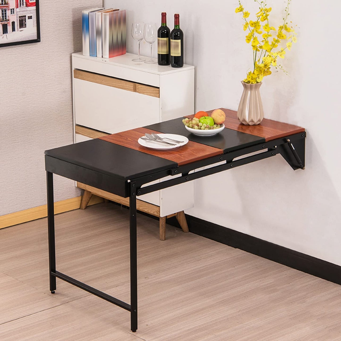 Space-Saving Wall Mounted Folding Desk, Multi-Functional Murphy Table, Convertible Kitchen & Laundry Table with Floating Shelves, Stylish Wooden Design for Home & Office