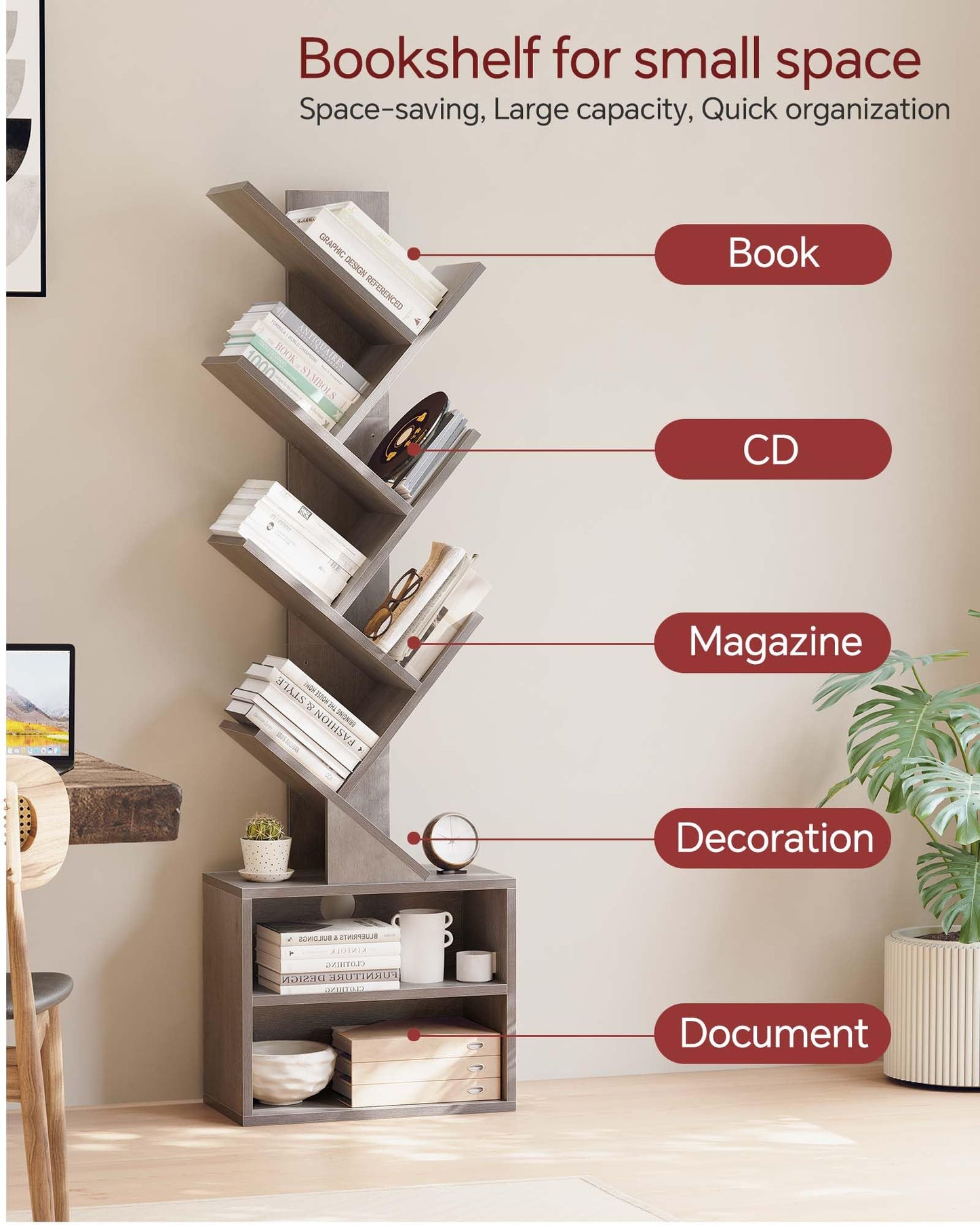 SUNMORY 6 Tier Tree Bookshelf, Tall Bookcase with Storage Cabinet, Modern Narrow Bookshelves Organizer, Floor Standing Book Shelf for Bedroom/Living Room/Home Office/Corner, Grey