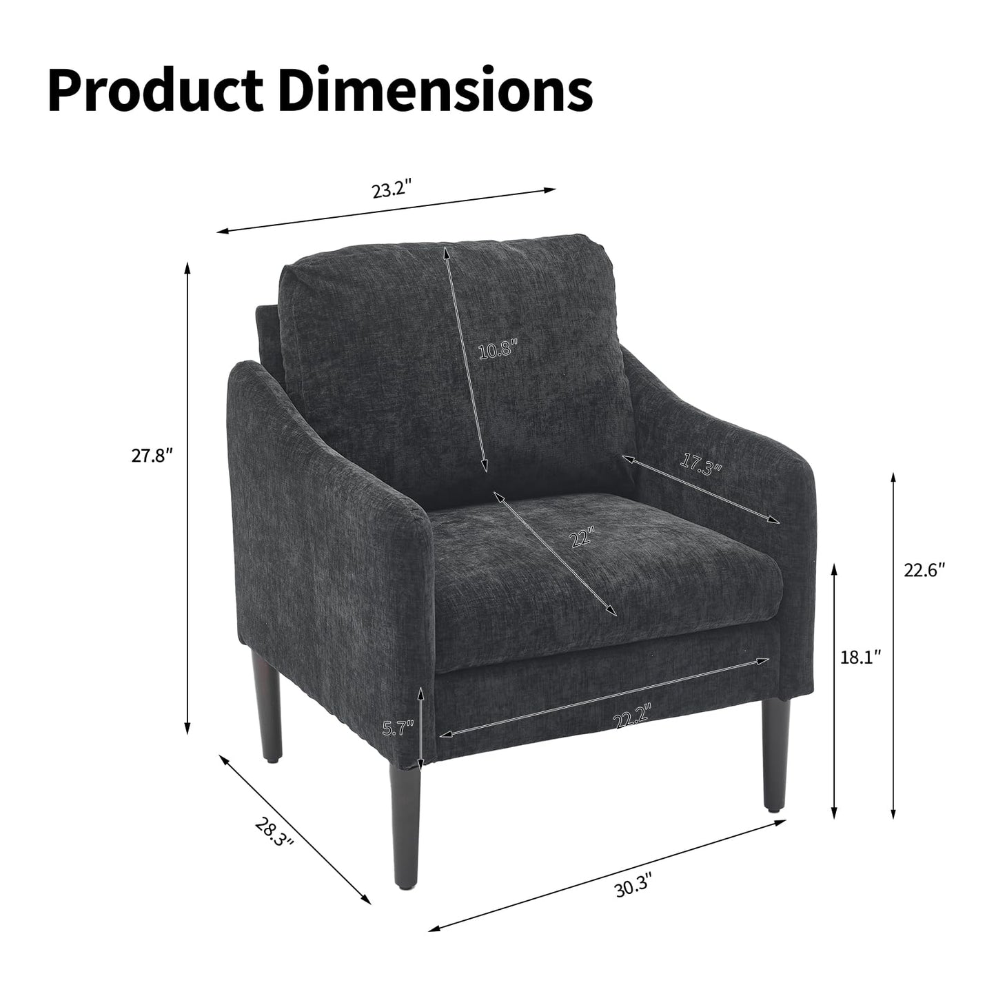 Mid-Century Modern Side Chair, Chenille Fabric Curved Armchair for Adults, Comfy Reading Chair, Modern Cloud Single Sofa Accent Chair for Bedroom, Living Room, Office & Waiting Room,Black