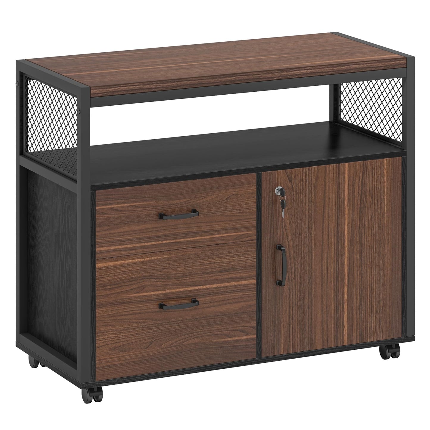 Tribesigns Modern File Cabinet with Drawers for Letter-Sized File and Door, Lockable lateral Filing Cabinet Printer Stand with Storage Shelves and with Rolling Caster for Home Office (Dark Walnut)