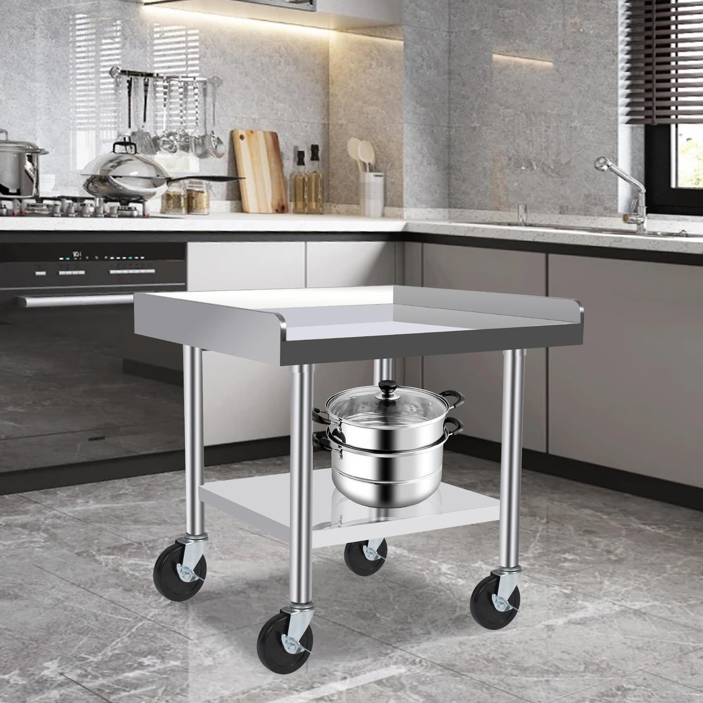 KUGEIGO Commercial-Grade Stainless Steel Workstation Table with Under Shelf & Lockable Casters (24"x24"x24")
