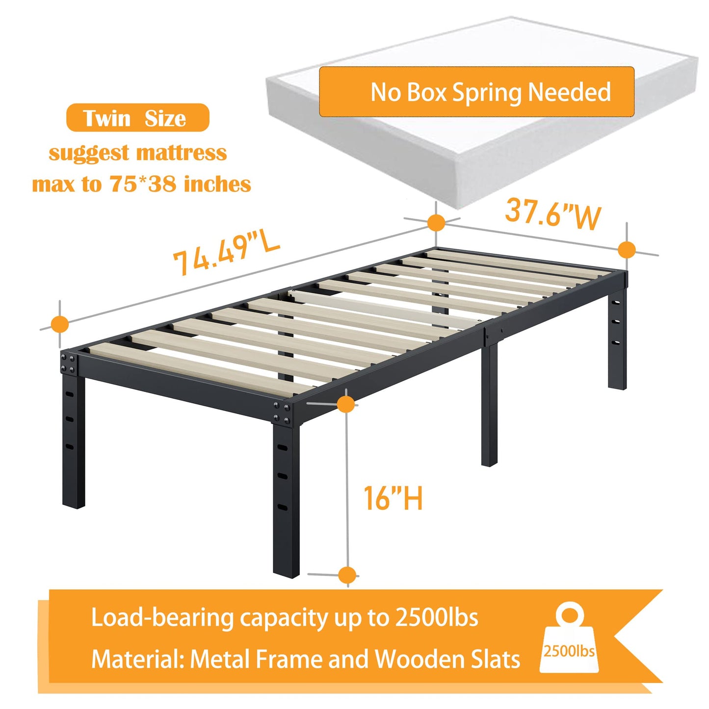 ZIYOO Twin Size Bed Frames 16 Inches Tall, 3 Inches Wide Wood Slats with 2500 Pounds Support for Foam Mattress, No Box Spring Needed, Heavy Duty Platform Bed Frame, Easy Assembly, Noise Free