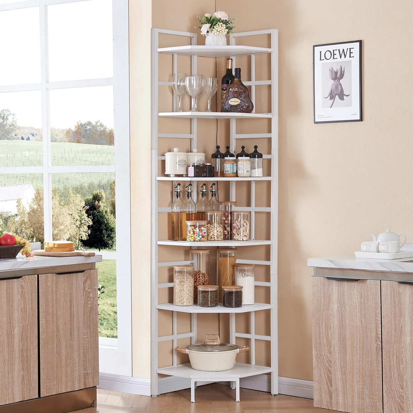 HOMISSUE Corner Shelf, 6 Tier Tall Narrow Bookshelf 76.9", Industrial Corner Bookcase with Storage for Home Office Living Room and Bedroom, White