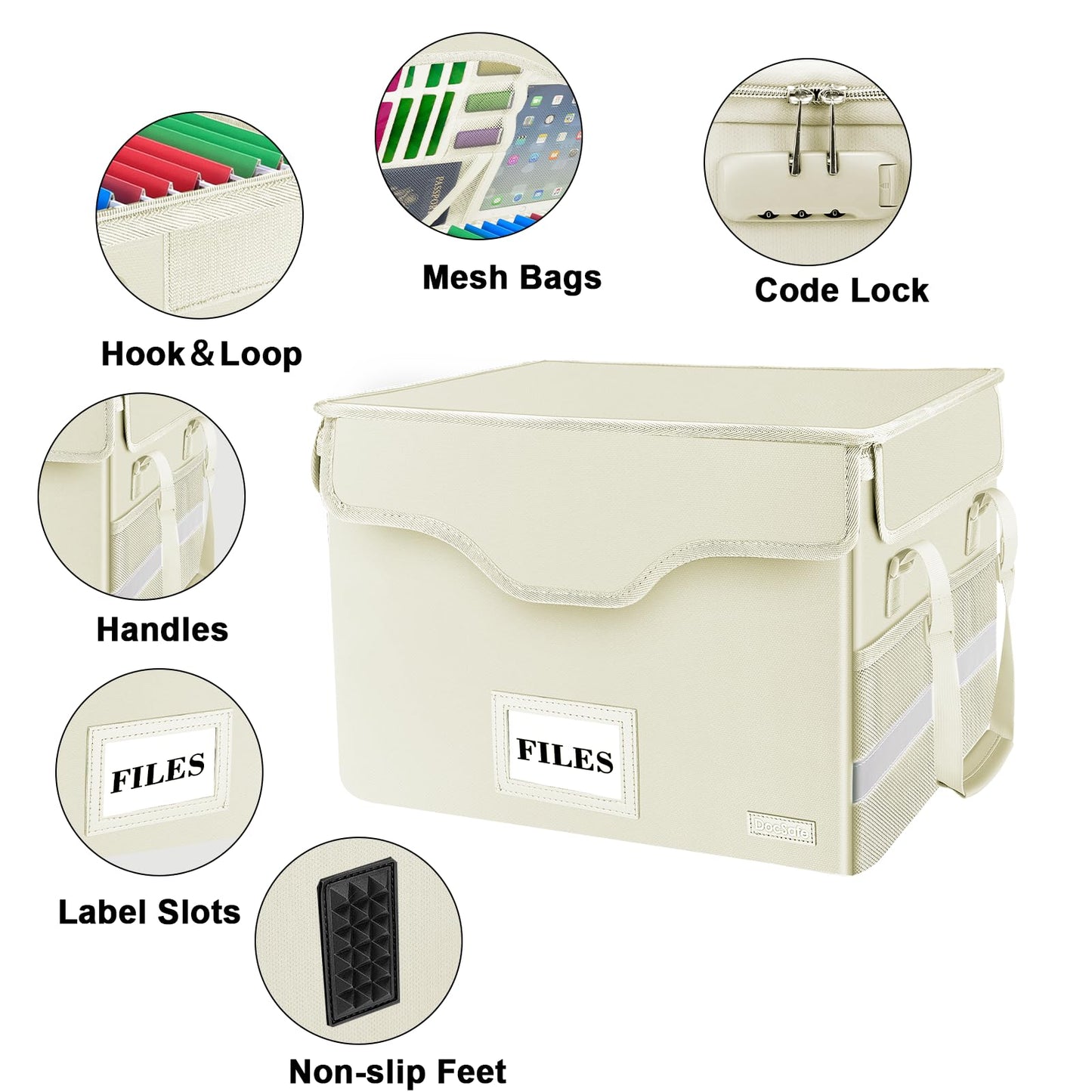 DocSafe Fireproof Document Box with Lock,File Storage Organizer with Zipper Pockets,Collapsible Portable File Box Home Office Safe Filing Cabinet with Handle for Hanging Letter/Legal Folders,Beige