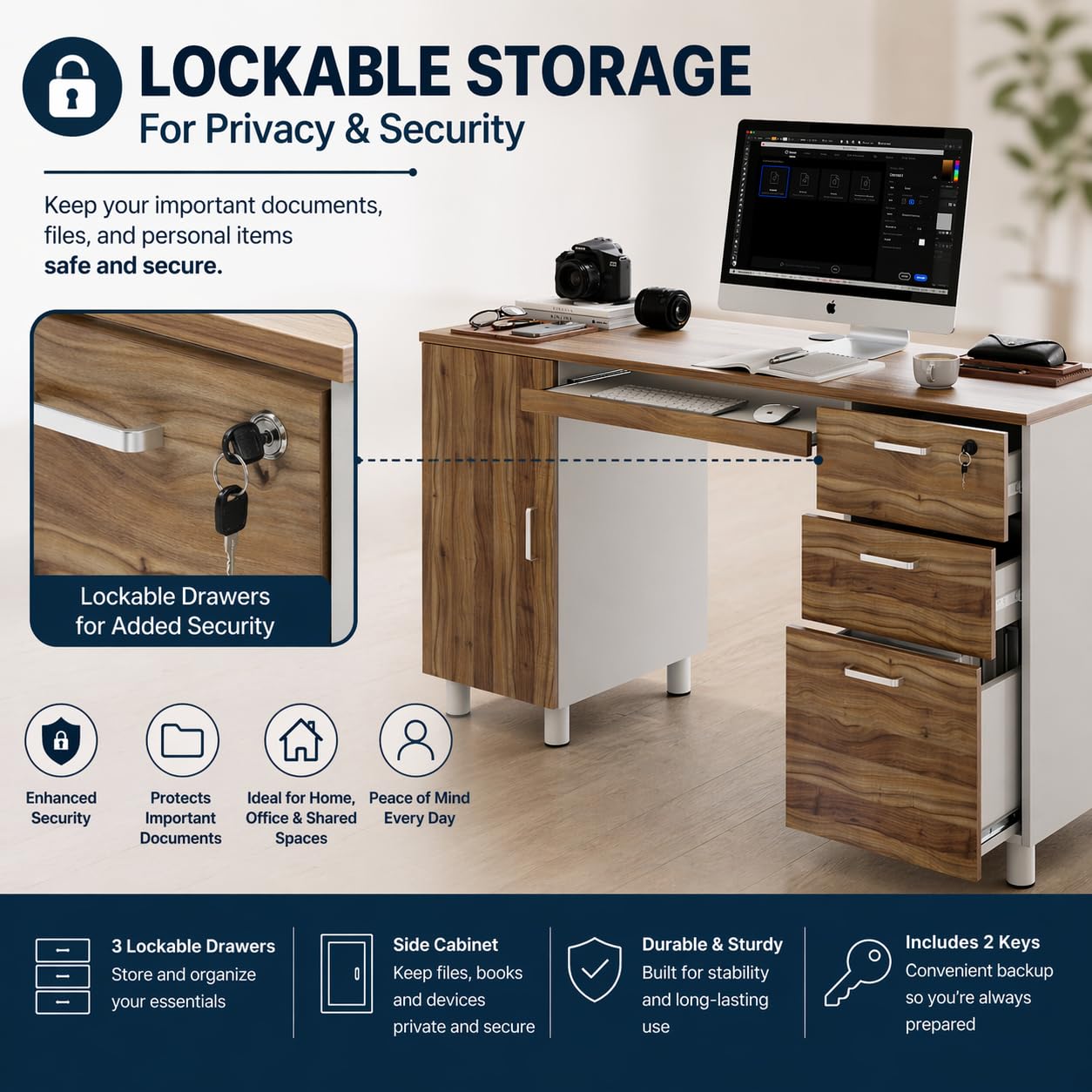 Modern Design Venice Computer Desk with Lockable Drawers, 53 Inch Home Office Desk with Storage Cabinet, Keyboard Tray & Cable Management, Modern Study Writing Desk for Small Spaces, Walnut and White