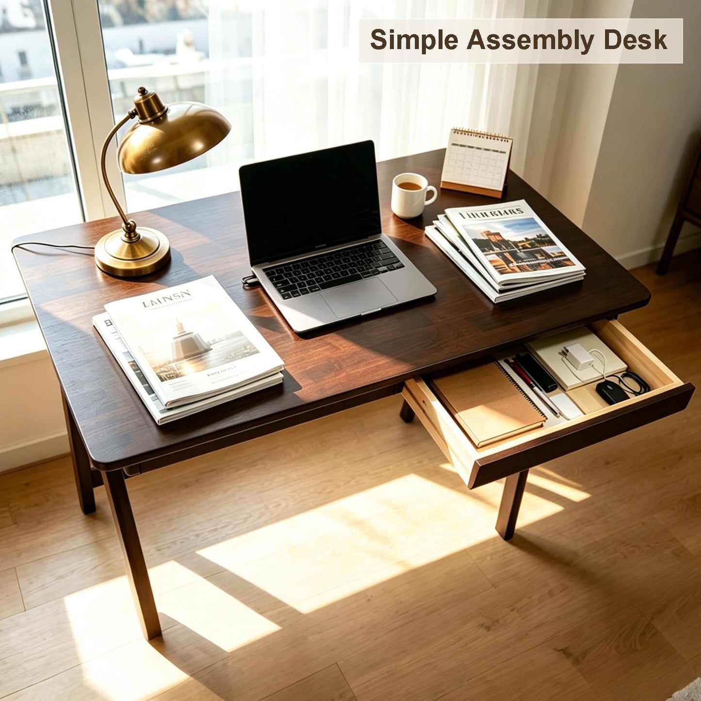 Kelvorvin Solid Wood Desk with Drawers, Computer Desk for Home Office, Small Writing Desk for Bedroom & Small Spaces, Sturdy A-Frame, Easy Assembly (Walnut Color, 39inch)