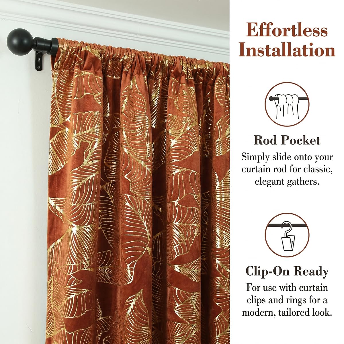 Tootop Burnt Orange Velvet Curtains Leaf Gold Foil Print 63" Long Soft Shiny Thick Fabric Insulated Blackout 70% Decorative Luxury Living Room Elegant Bedroom Rod Pocket 2 Panel (52" W x 63" L)