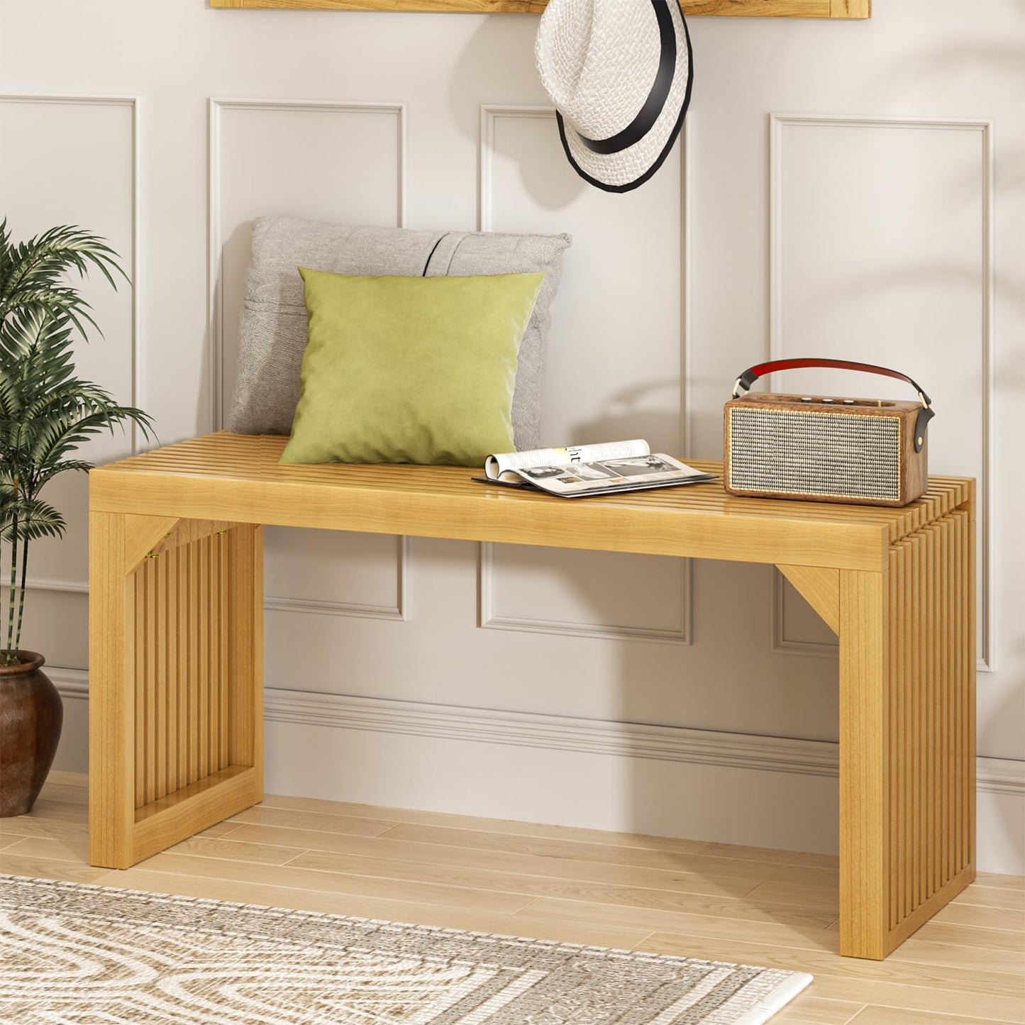 MODCART 35" Solid Wood Bench, Nature Entryway Bench with Storage for Entryway, Living Room, Kitchen