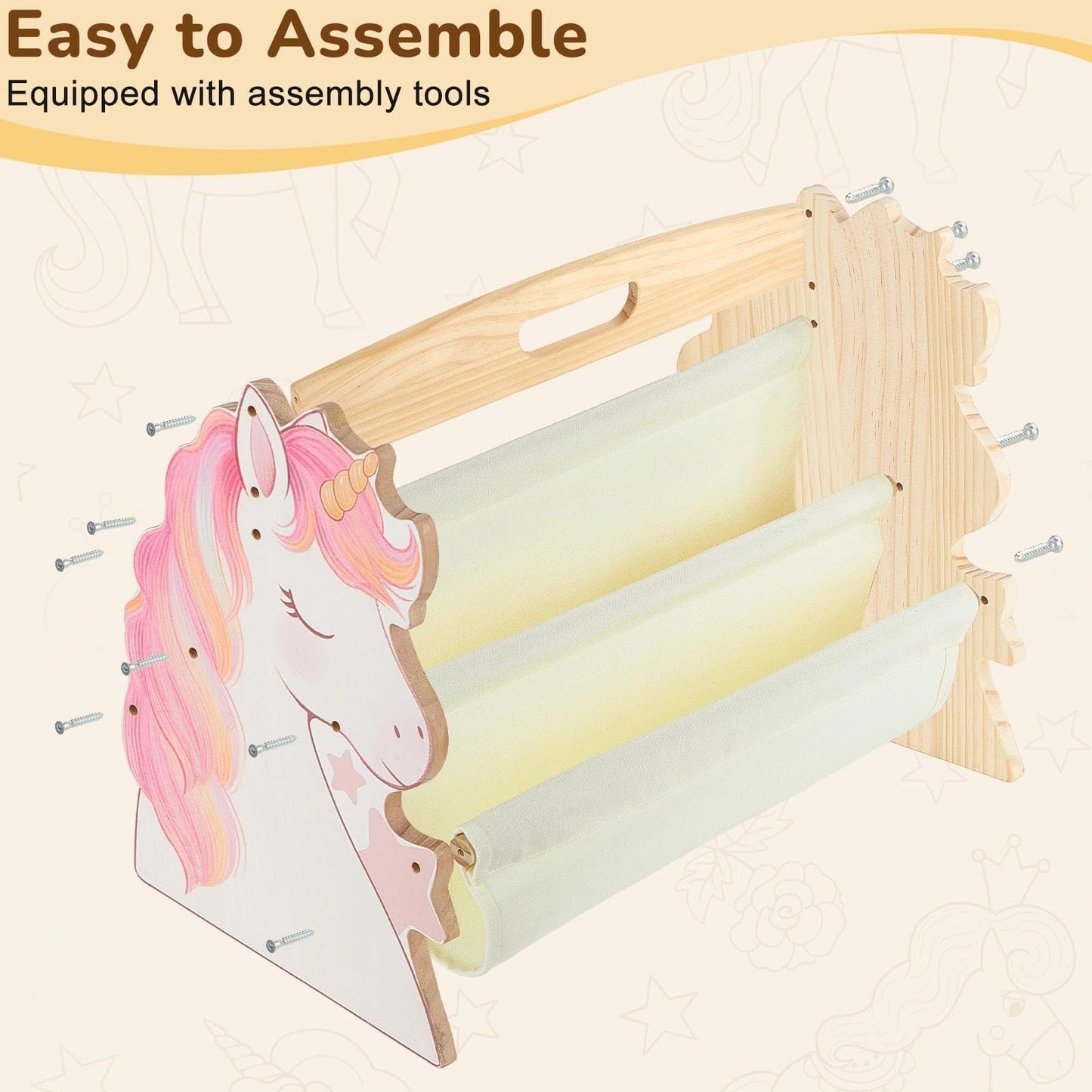 SheSeek Toddler Bookshelf Double-Sided with 4 Tier Deep Sleeves Kids Wooden Montessori Book Rack for Baby Nursery Room, Playroom, Classroom or Bedroom Bookcase Storage Organizer, Pink Unicorn