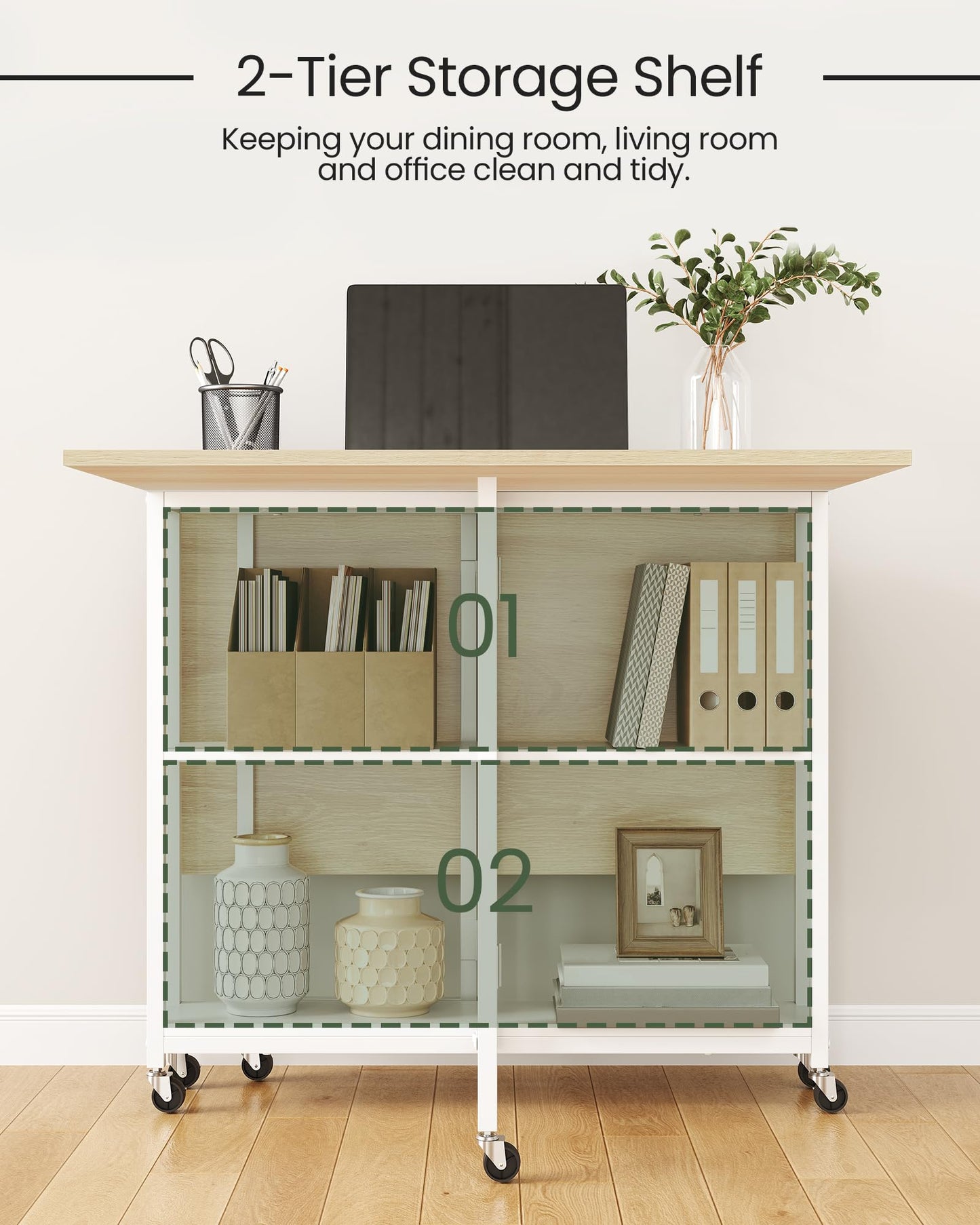 CHOEZON Folding Dining Table, Movable Dining Table, Kitchen Table for Small Space, Foldable and Expandable Desk Furniture with 6 Wheels, for Dining, Living Room, Apartment, White and Natural TCZ01WN