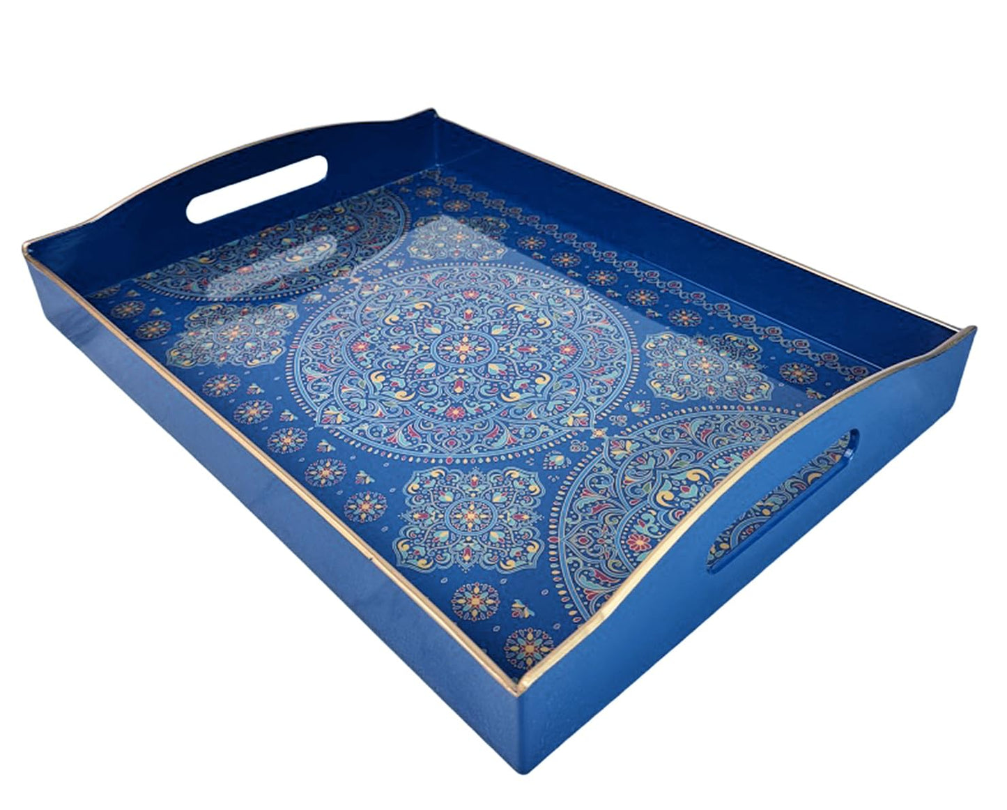 Umisriro Boho Blue Decorative Tray, Serving Tray with Handles, Plastic Tray for Coffee Table, Ottoman - Ideal for Living Room & Bathroom. 15” x 11” x 2.5”