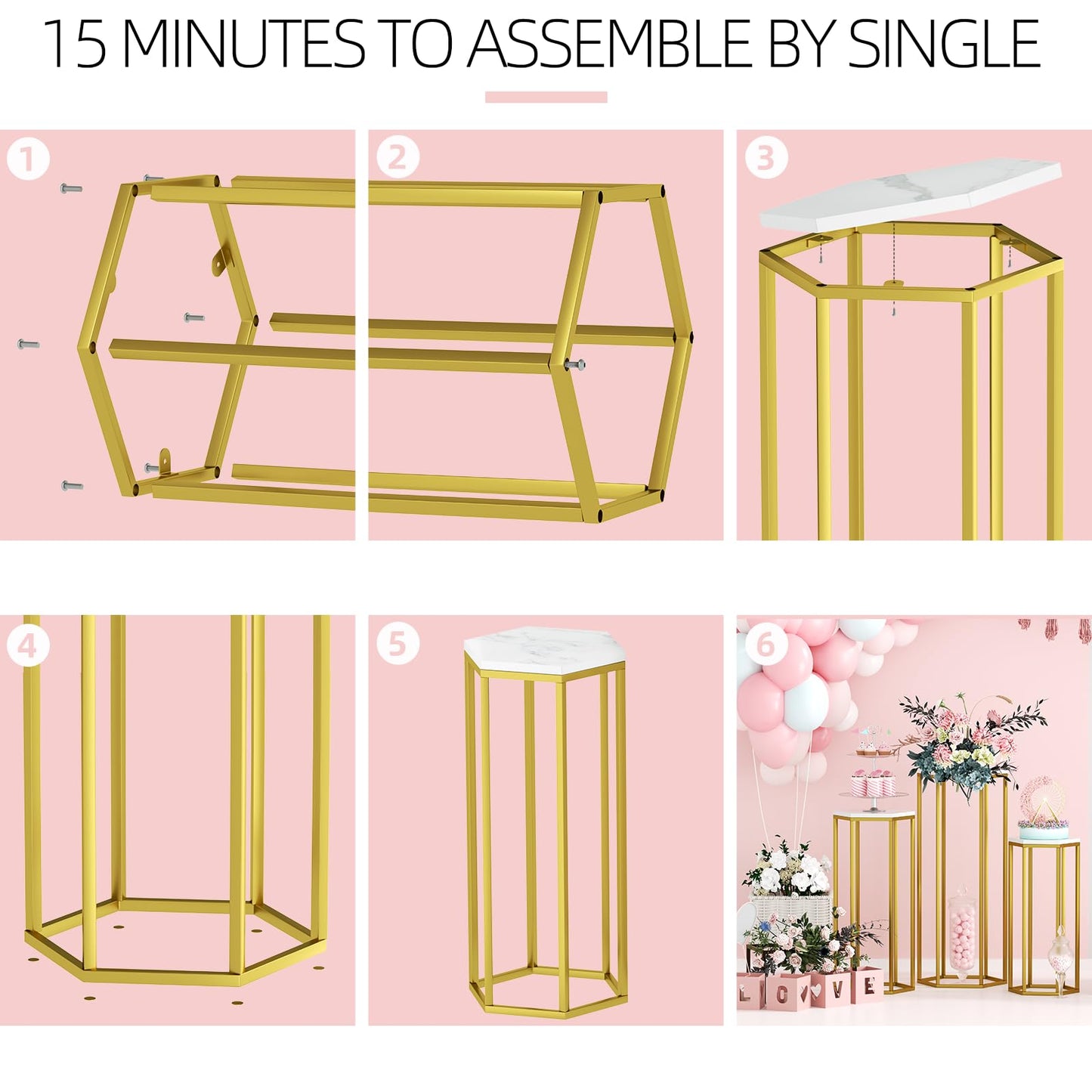 Urban Deco Cylinder Stands for Party, Set of 3 Gold Metal Hexagon Cake Pedestal Stand with Wooden Marbled Countertop, Flower Plant Pedestal Stands for Display Parties Wedding Birthday Decor, 3PCS, Gold
