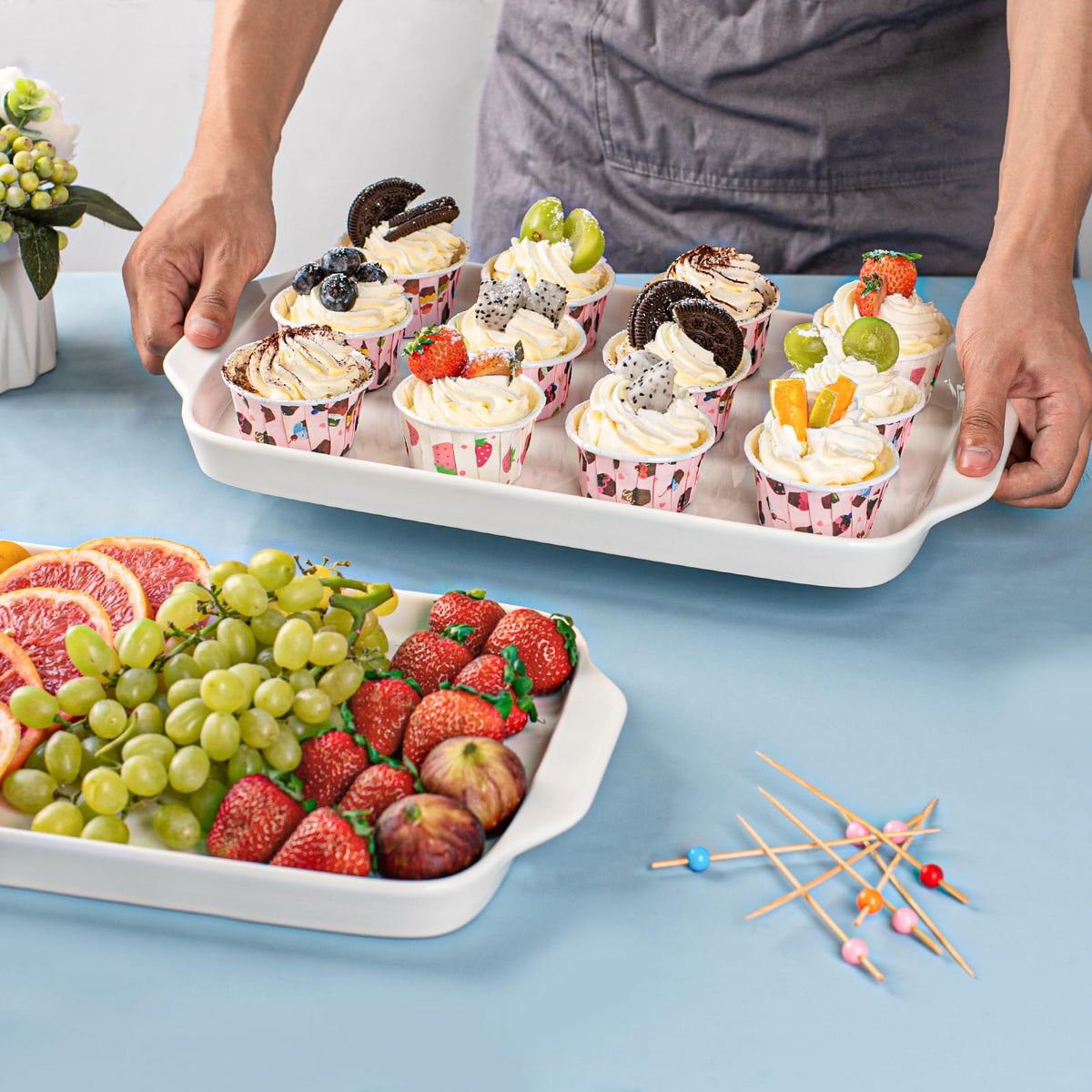 Dizada Large Serving Platter with Handles 16"x9" - White Porcelain Serving Trays Set of 3, Rectangular Platters for Entertaining, Party, Appetizer, Charcuterie