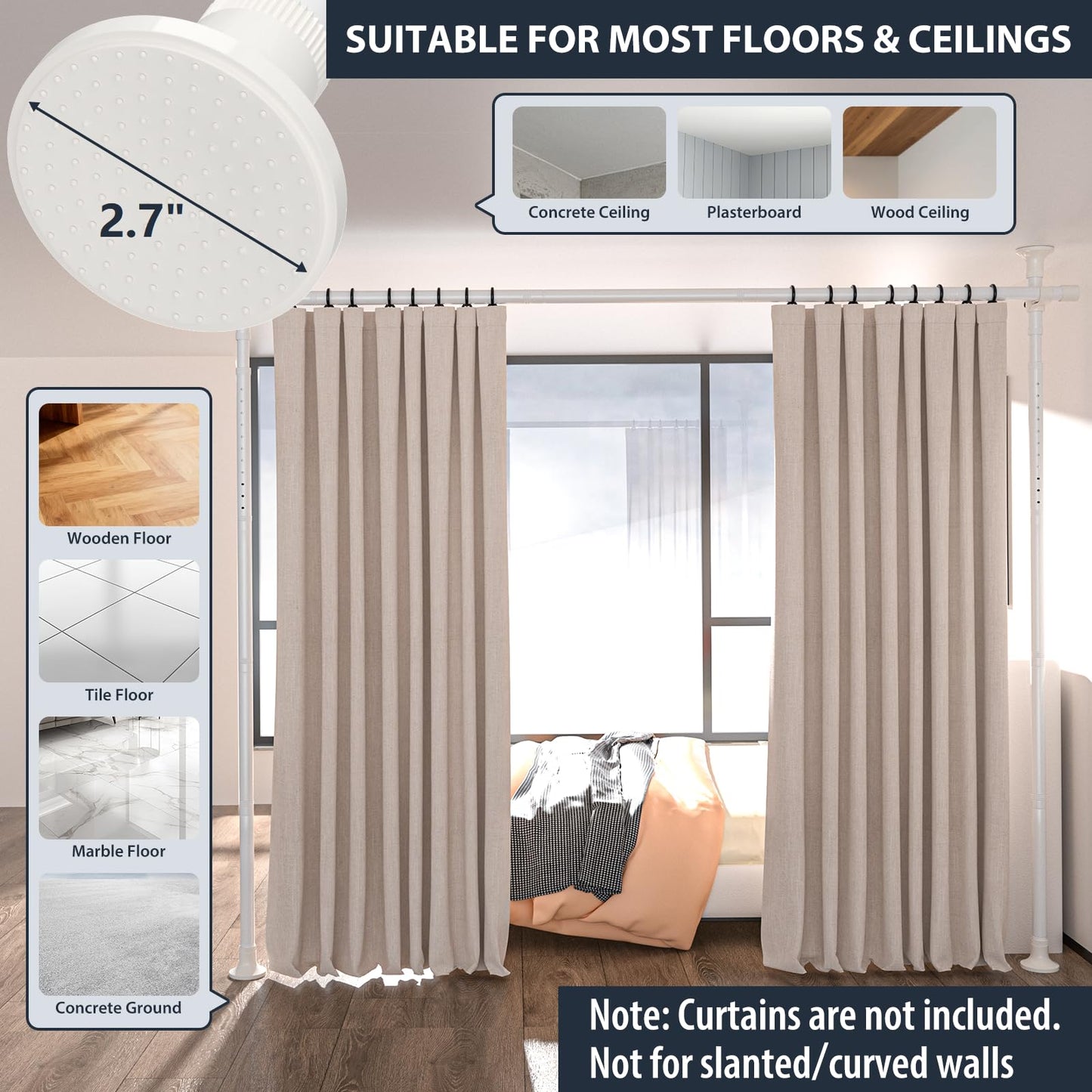 Room Divider Curtain Rod, Heavy Duty Floor to Ceiling Tension Rod – No Drill Partition Room Dividers, 4-10 ft Height & 48-72 in Width, Metal Rod for Room Separation in Apartment, Dorm, Studio, White