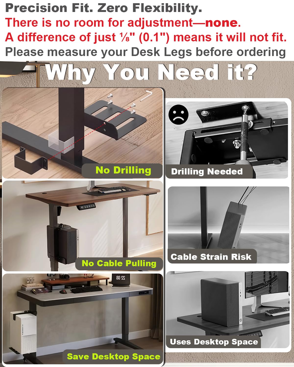 Under Desk PC Mount - No Drilling 40 lb Capacity, CPU Holder Under Desk, Adjustable Height and Width, Clamp-on Desk Leg PC Mount for Standing Desk (Fits 80mm×50mm Legs only), with Non-Slip Pads, White