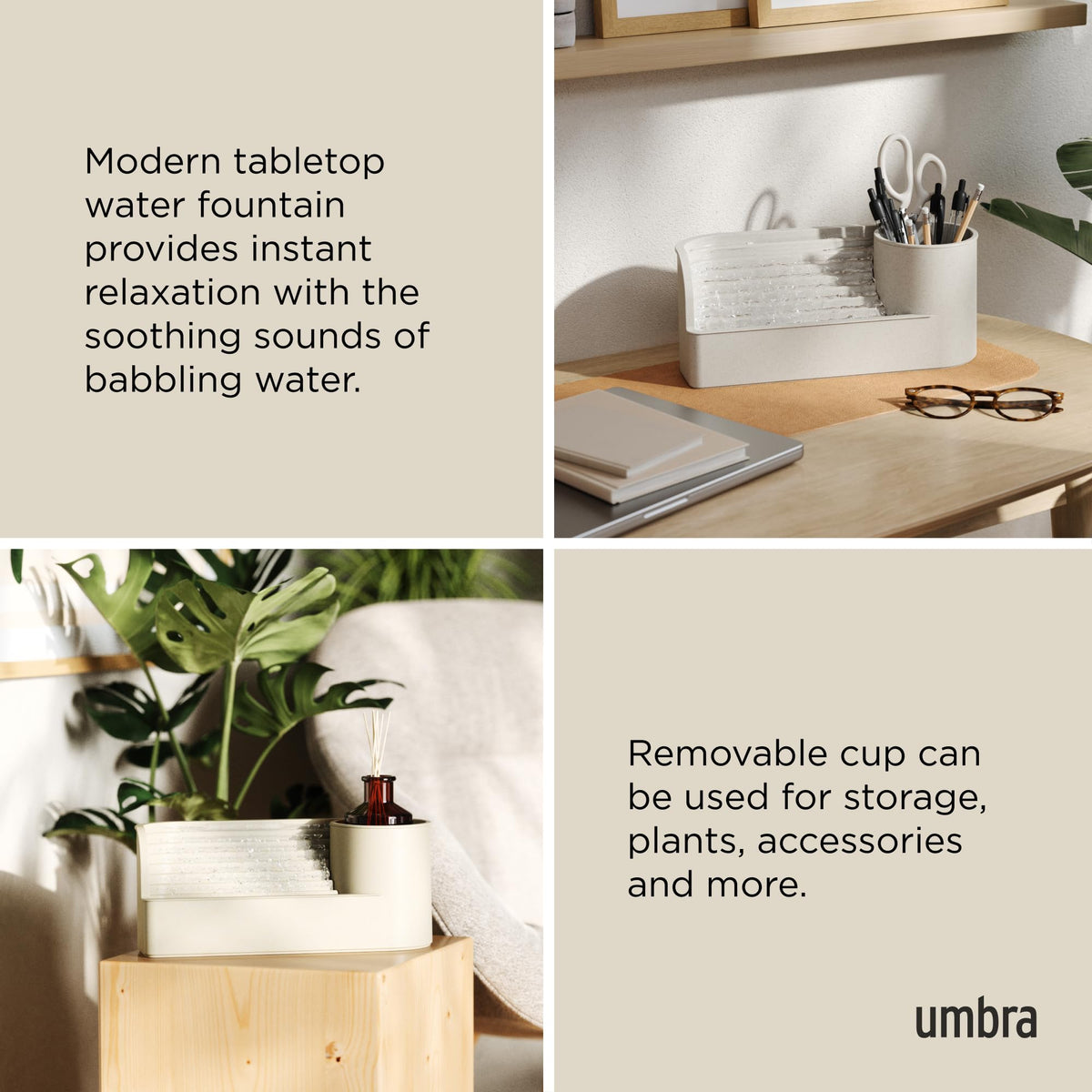 Umbra Stream Water Fountain for Tabletop Desktop - Soothing and Calming Zen for Bedroom or Office, Sand