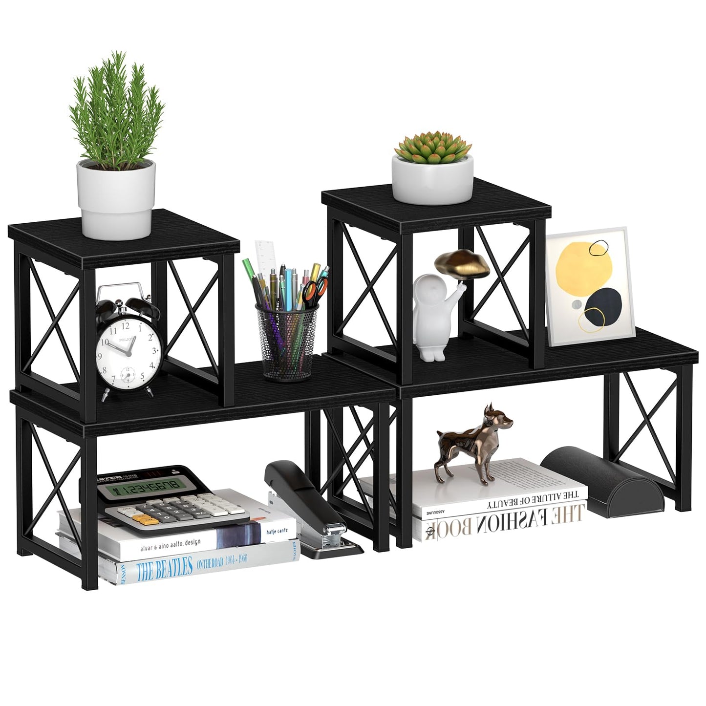 Honiter 2 Sets Desk Shelf, Desktop Organizer Shelf, Freestanding Small Bookshelf Desk Organizer, 2 Tier Independent Stackable Desktop Shelves, Desktop Office Storage Rack Display Shelf, Black