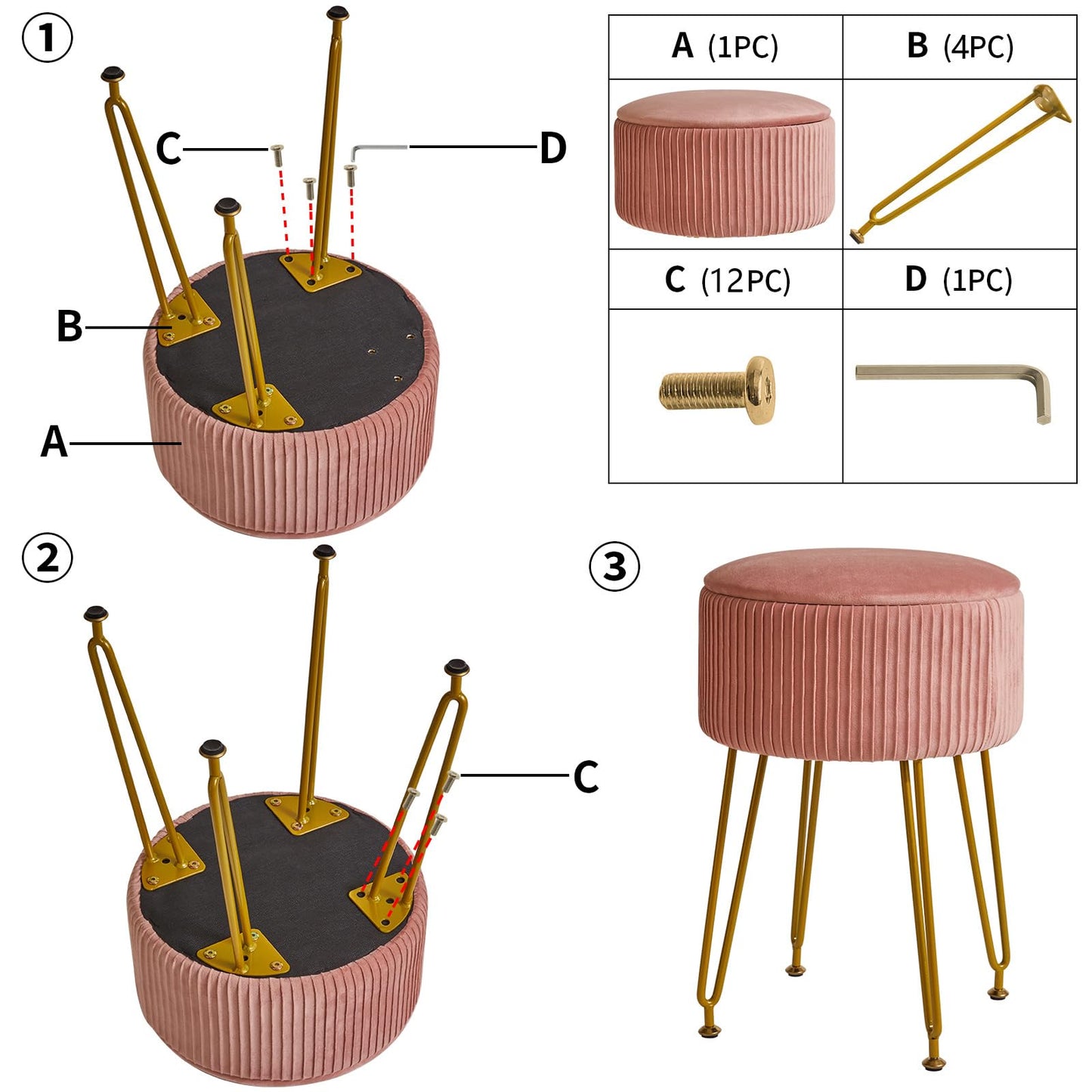 IBUYKE Velvet Storage Footrest Stool Ottoman, Makeup Vanity Stool Side Table with Golden Steel Legs Removable Cover, Coffee Table Top Cover, Pink LG-20P
