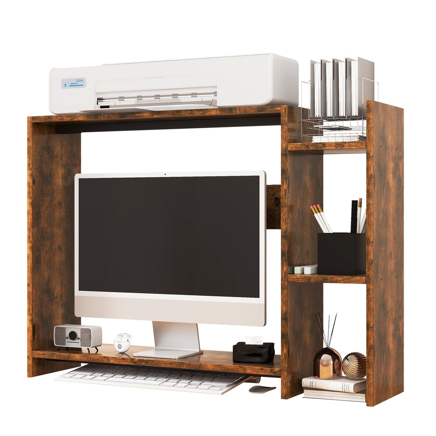 IBUYKE Desktop Bookshelf,36.8" Desktop Organizer Shelf,Wood Desk Hutch for Computer Monitor,Display Shelf for Office Home Dormitory,Brown TMZ008H