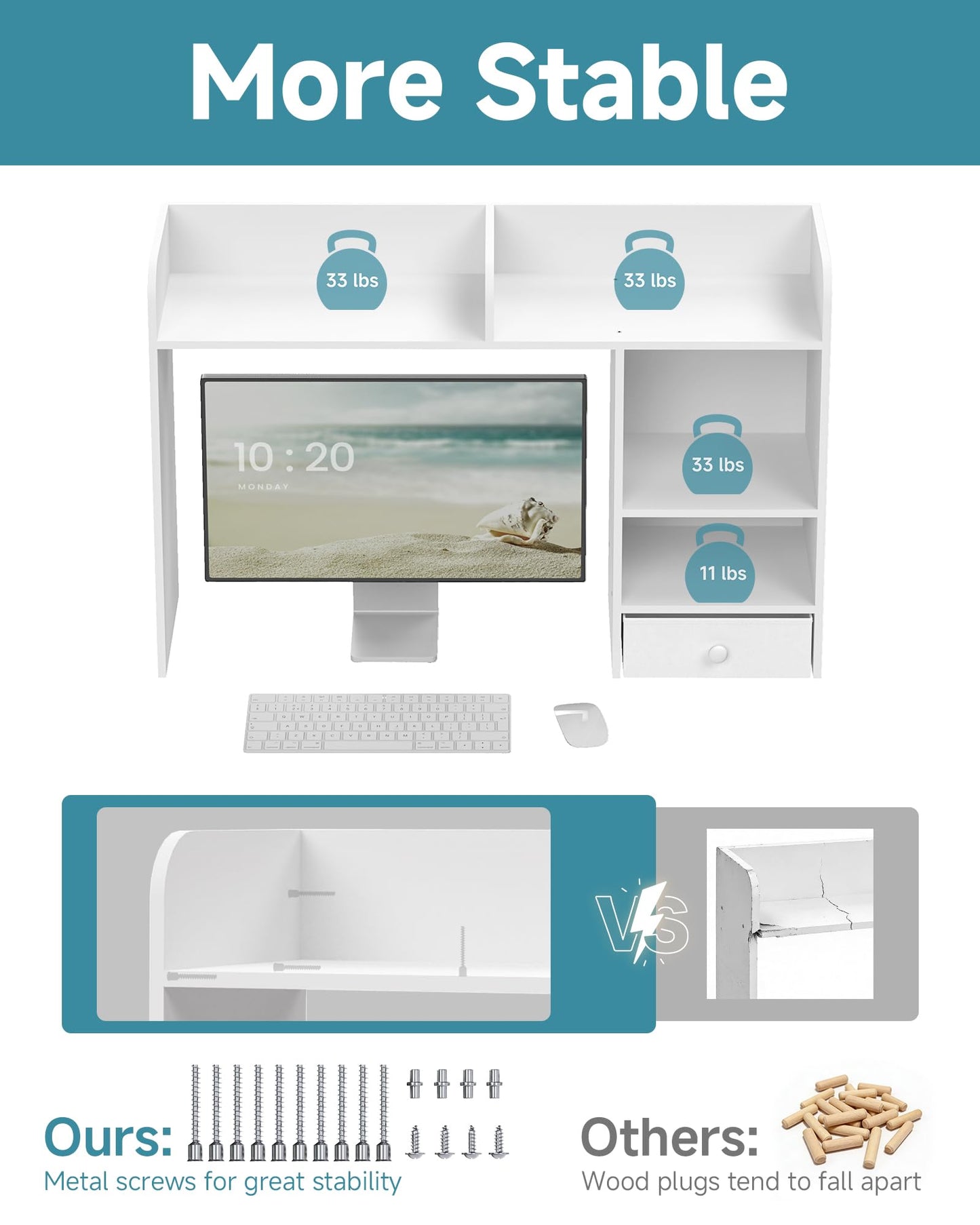 LAND·VOI Desktop Bookshelf with Drawer, Desk Hutch with 4 Storage Shelves for Computer Desk, Desk Shelf for Home Office Dorm, Dressing Tabletop, Bar Countertop, White