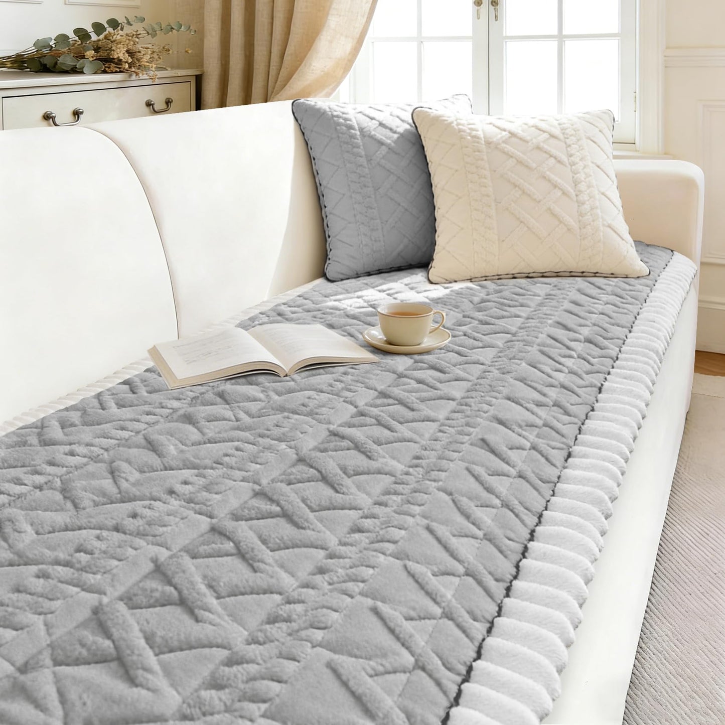 Arfntevss Couch Cover for Dogs Plush Washable Love Seat Covers for 2 Cushion Couch Pet Friendly Fuzzy Loveseat Sofa Slipcover Anti-Slip Dog Pets Washable Protector (Boho Ash Grey, 27.6" x 59")