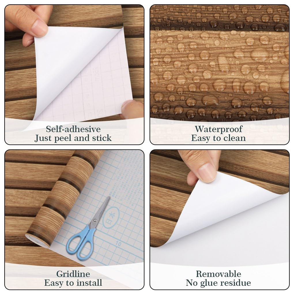 Arthome 17''x120'' Wood Slat Wallpaper, Peel and Stick Self Adhesive Wood Wallpaper PVC Vinyl Decorative Removable Wallpaper Waterproof Faux Wood Grating Stripe Contact Paper for Living Room Bedroom