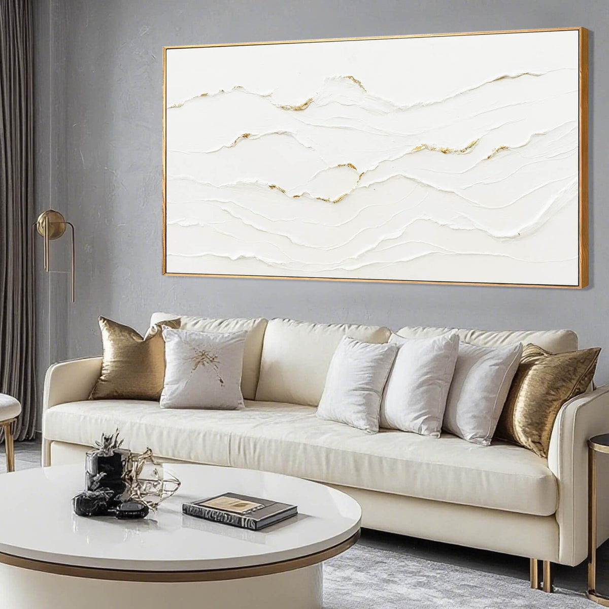 WINKAILIN Minimalist White and Gold Line Artwork with Frame Hand Painted Abstract Canvas Wave Wall Art for Bedroom Living Room Office 24"x48"