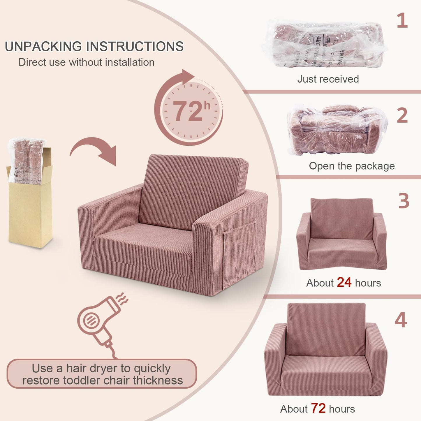 Jouha Kids Chair and Couch, 2-in-1 Fold-Out Kids Sofa, Soft Convertible Seating, Comfy Kids Chair for Boys and Girls,Pink