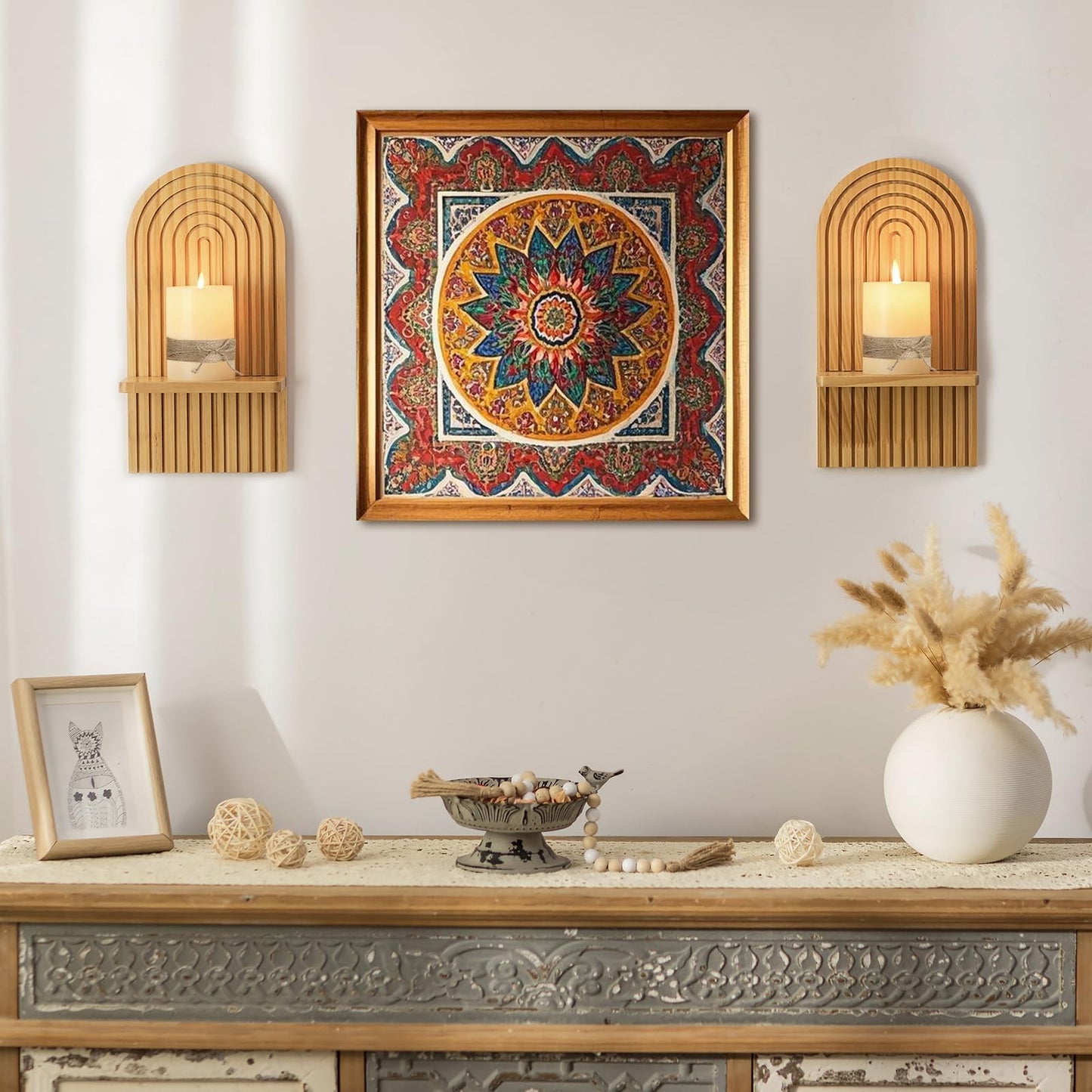 Walasis Boho Wall Decor Set of Two - Natural Modern Minimalist Mid Century Wall Candle Holder for Living Room - Wood Bohemian Decor for Bathroom Nursery Bedroom