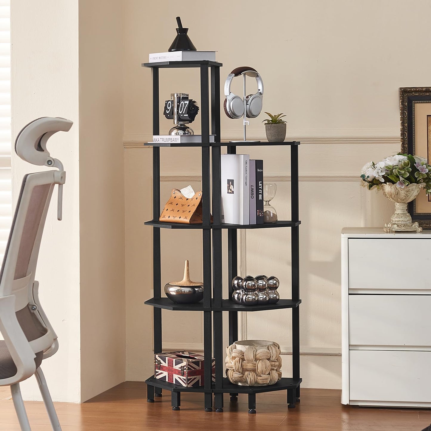 YUFAM 5-Tier Corner Shelf with Sturdy 5-Leg Base, Wooden Corner Bookshelf for Small Spaces, Corner Standing Shelf for Living Room, Bedroom, Office, Black