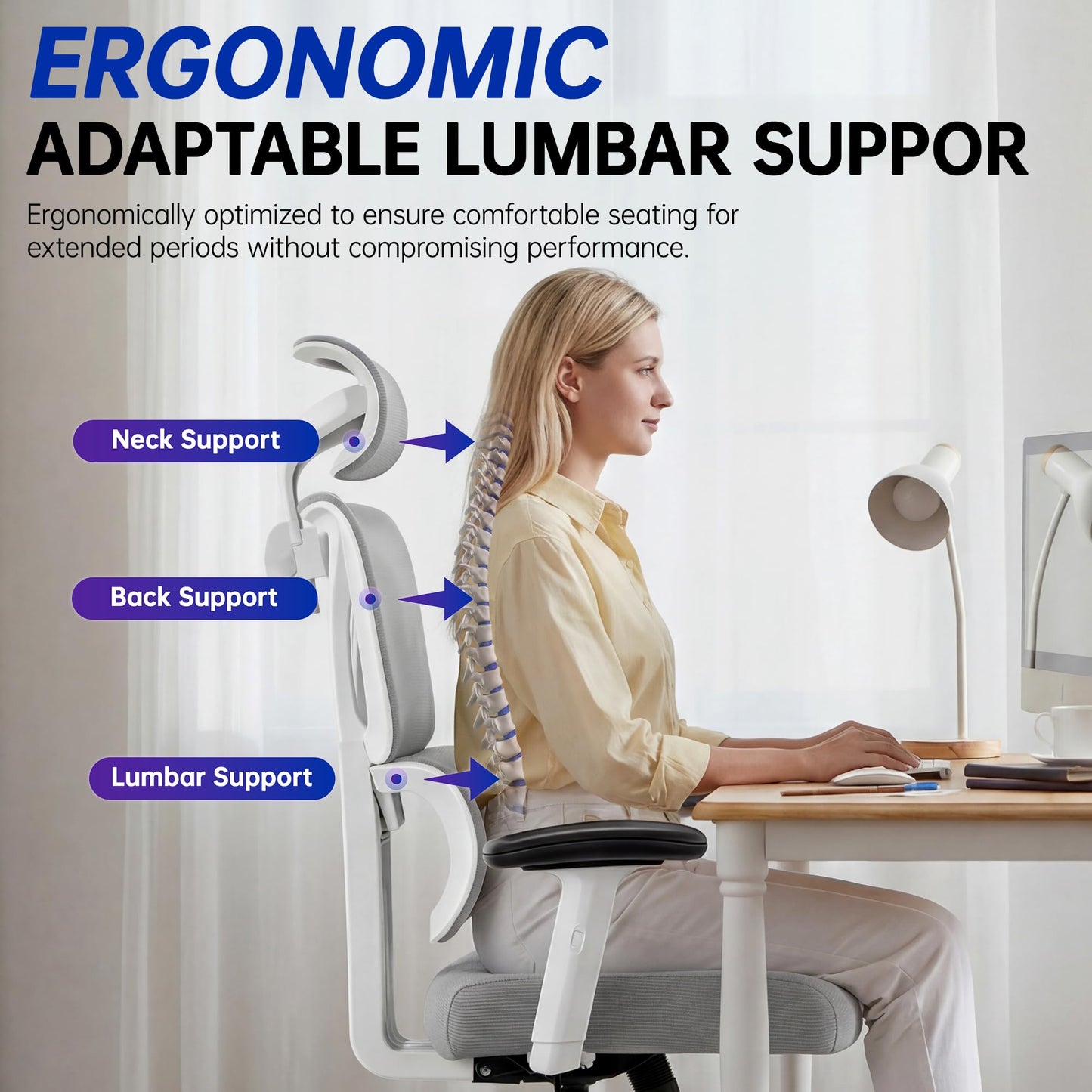 Hayelf Ergonomic Office Chair, High Back Mesh Computer Chair with Comfortable Adaptive Lumbar Support, Built-in Coat Hanger, SGS Class 4 Gas Lift, Heavy Duty 300lbs for Long Hours Home Office